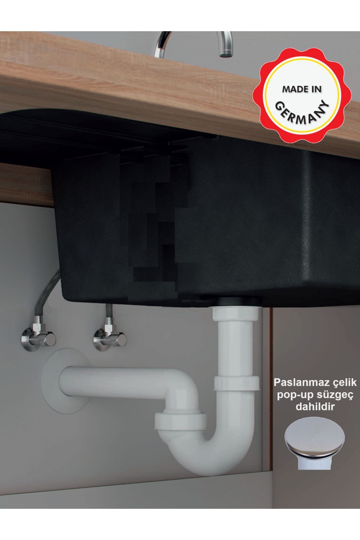 Dallmer Koku önleyici lavabo sifonu, paslanmaz çelik pop-up süzgeçli, mafsallı 40lık çıkış borulu