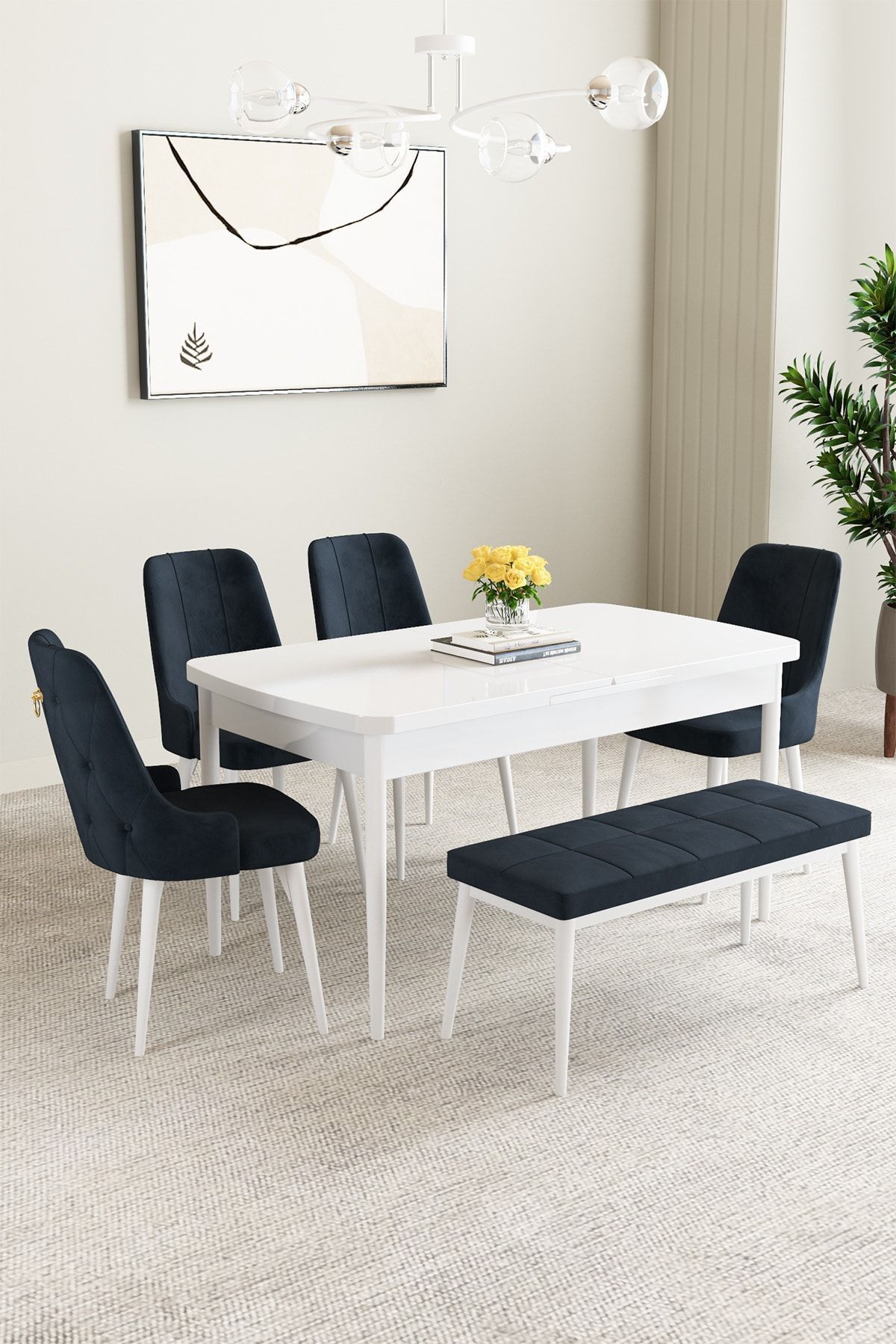 hoopsii Clara Beyaz 80x132 Açılabilir Mutfak Masası Takımı 4 Adet Sandalye