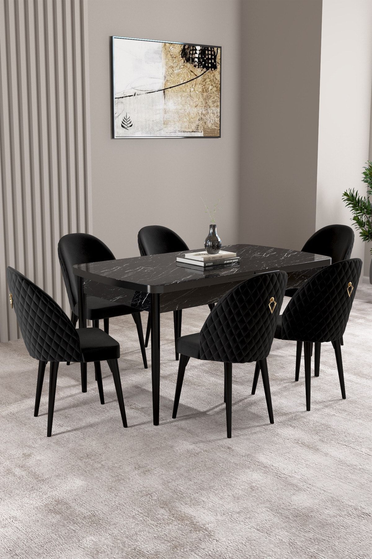 hoopsii Milas Siyah Mermer Desen 80x132 Mdf Açılabilir Mutfak Masası Takımı 6 Adet Sandalye