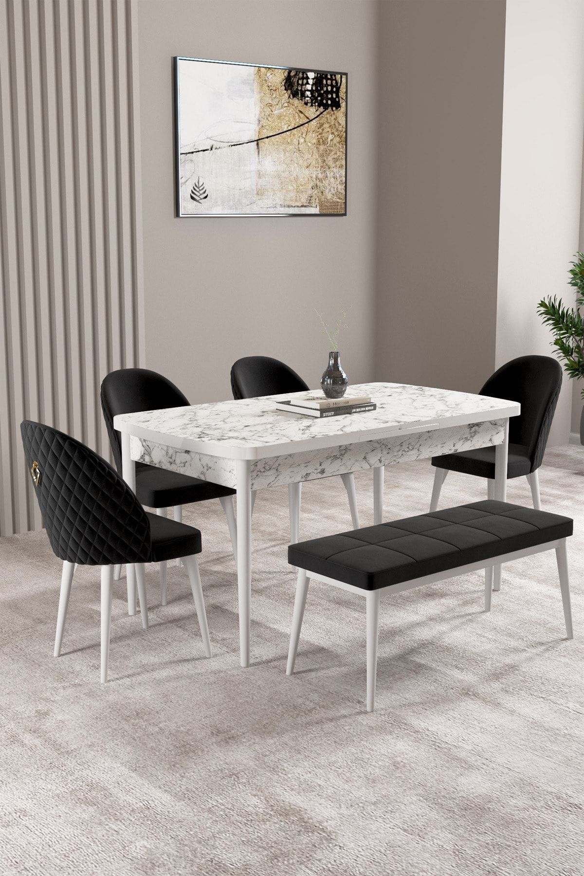 hoopsii Milas Beyaz Mermer Desen 80x132 Mdf Açılabilir Mutfak Masası Takımı 4 Sandalye, 1 Bench