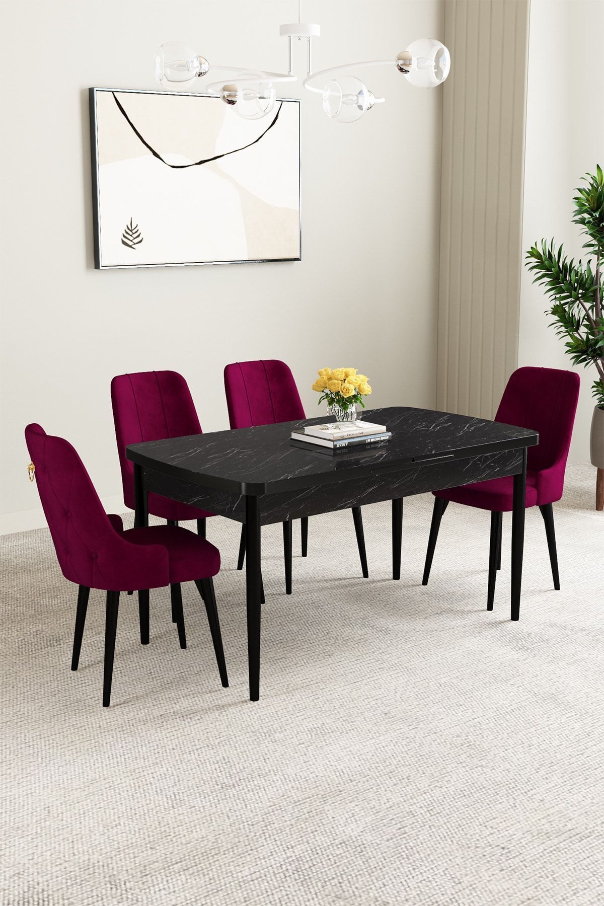 hoopsii Clara Siyah Mermer Desen 80x132 Açılabilir Mutfak Masası Takımı 4 Adet Sandalye