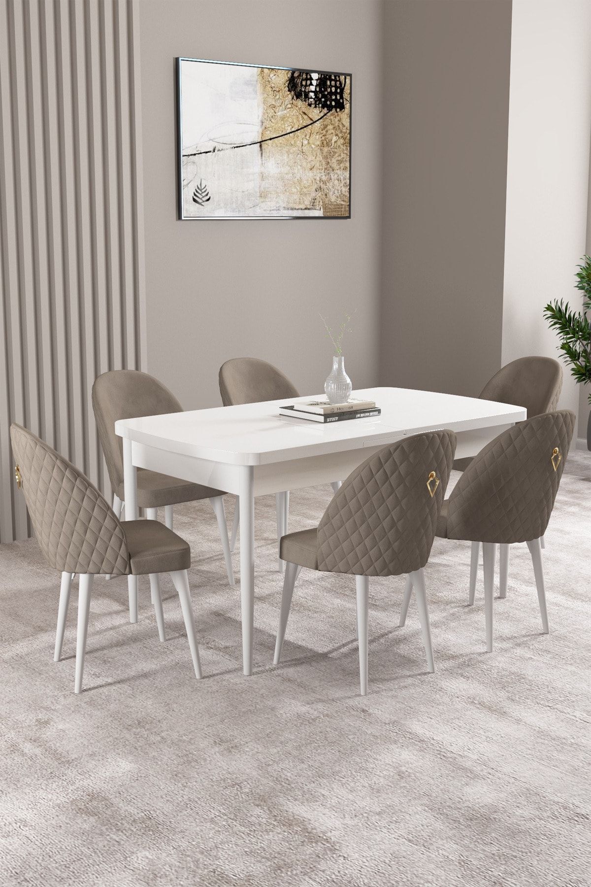 hoopsii Milas Beyaz 80x132 Mdf Açılabilir Mutfak Masası Takımı 6 Adet Sandalye