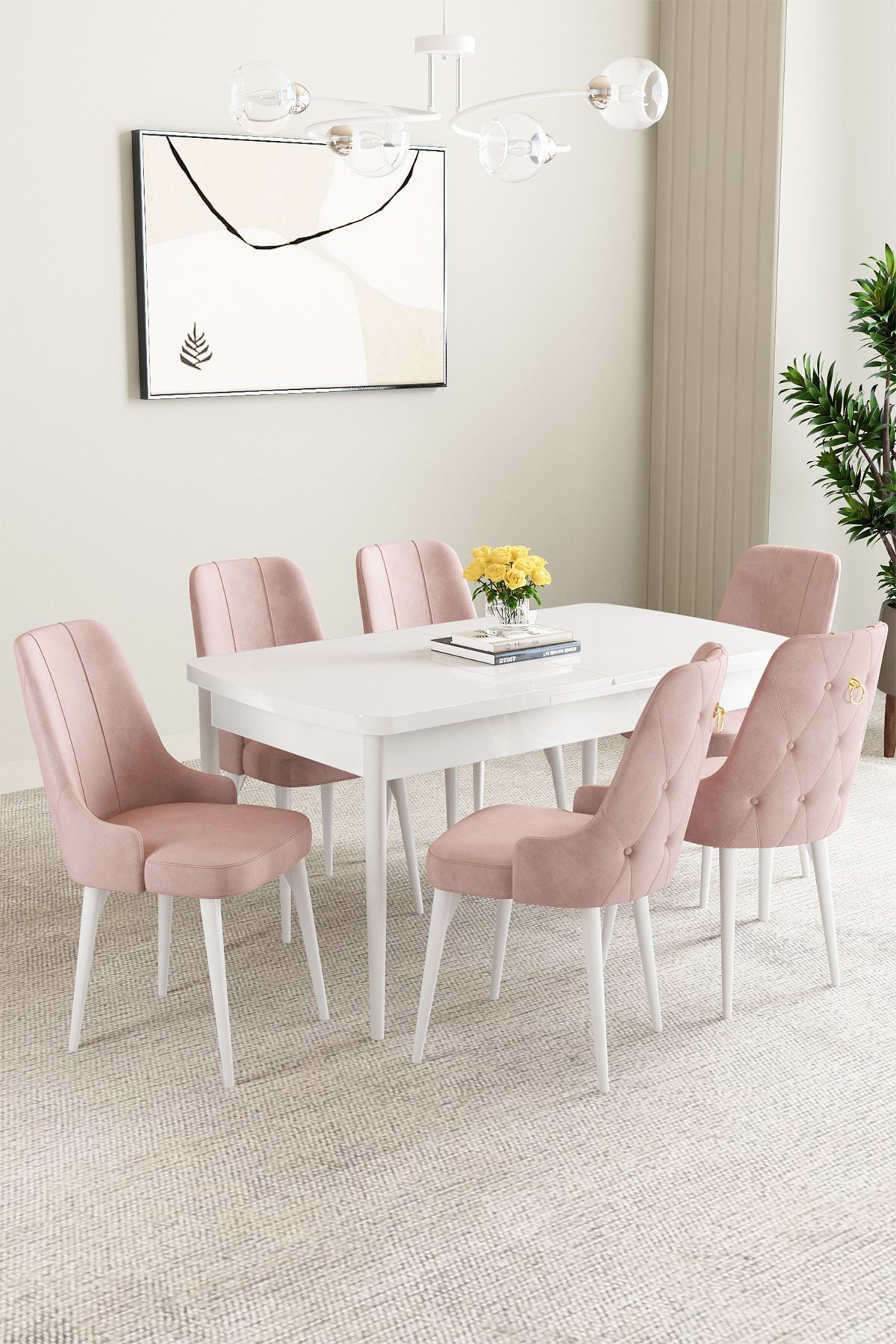 hoopsii Clara Beyaz 80x132 Açılabilir Mutfak Masası Takımı 6 Adet Sandalye