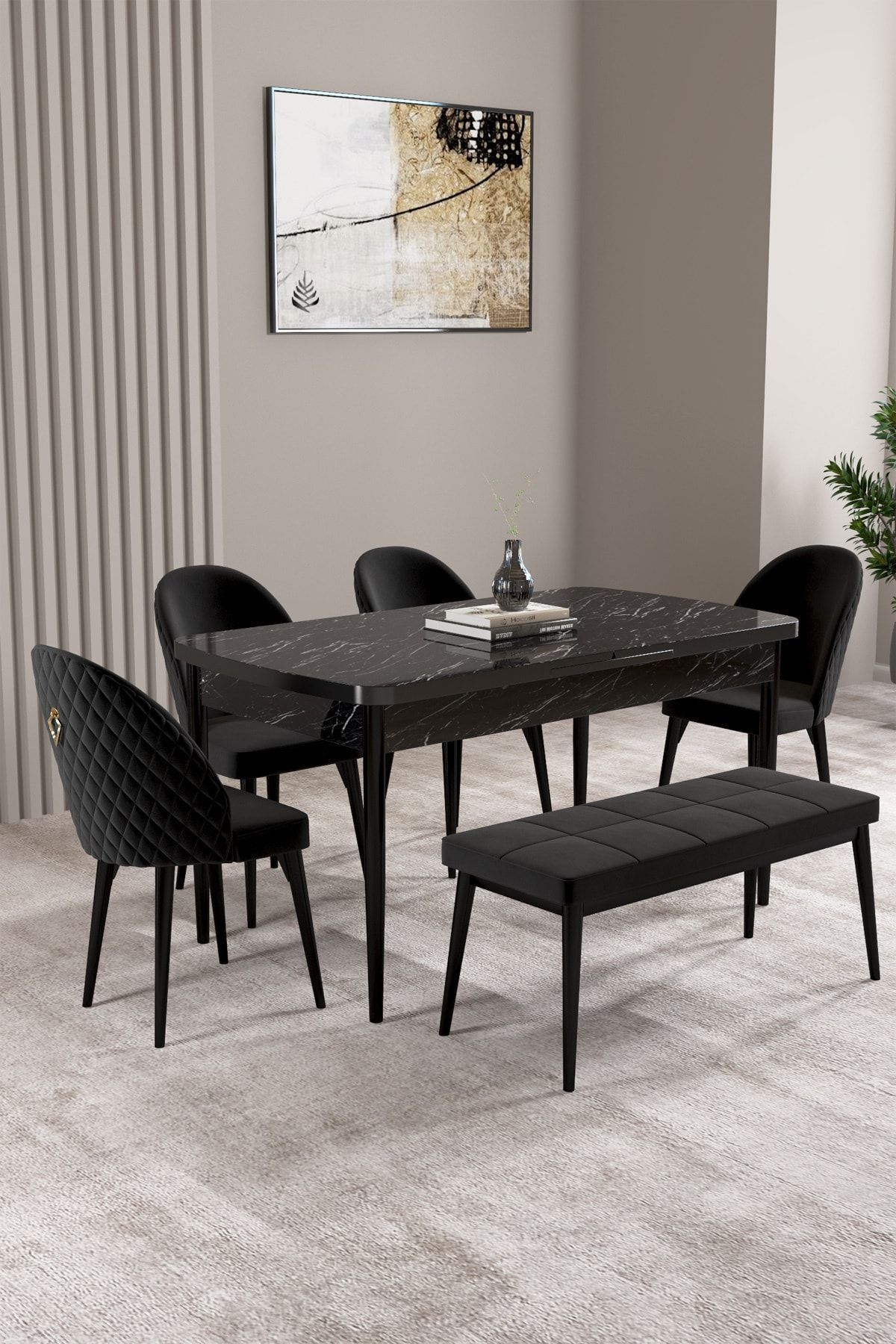 hoopsii Milas Siyah Mermer Desen 80x132 Mdf Açılabilir Yemek Masası Takımı 4 Sandalye, 1 Bench