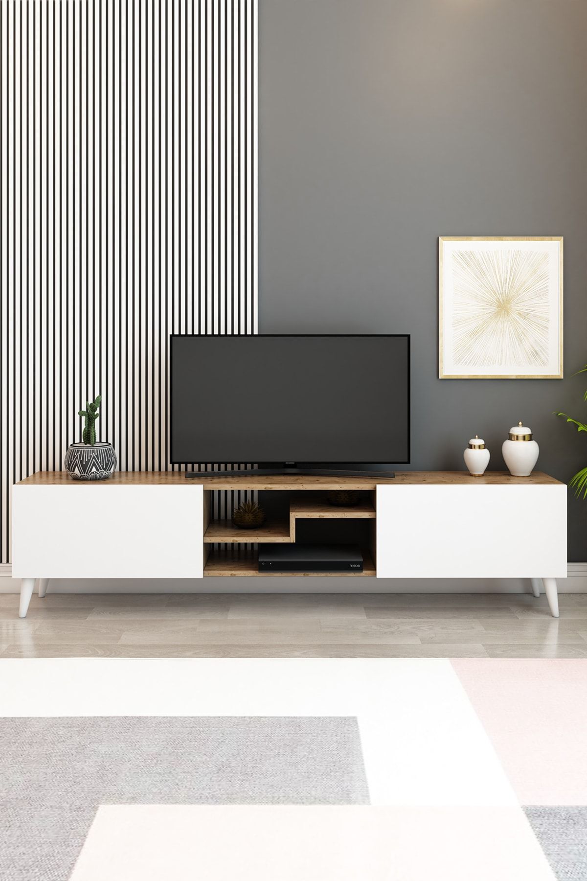 izcodesign Model Z Tv Ünitesi 150 Cm Dekoratif Raflı Iki Kapaklı Tv Sehpası Çam-beyaz Renk