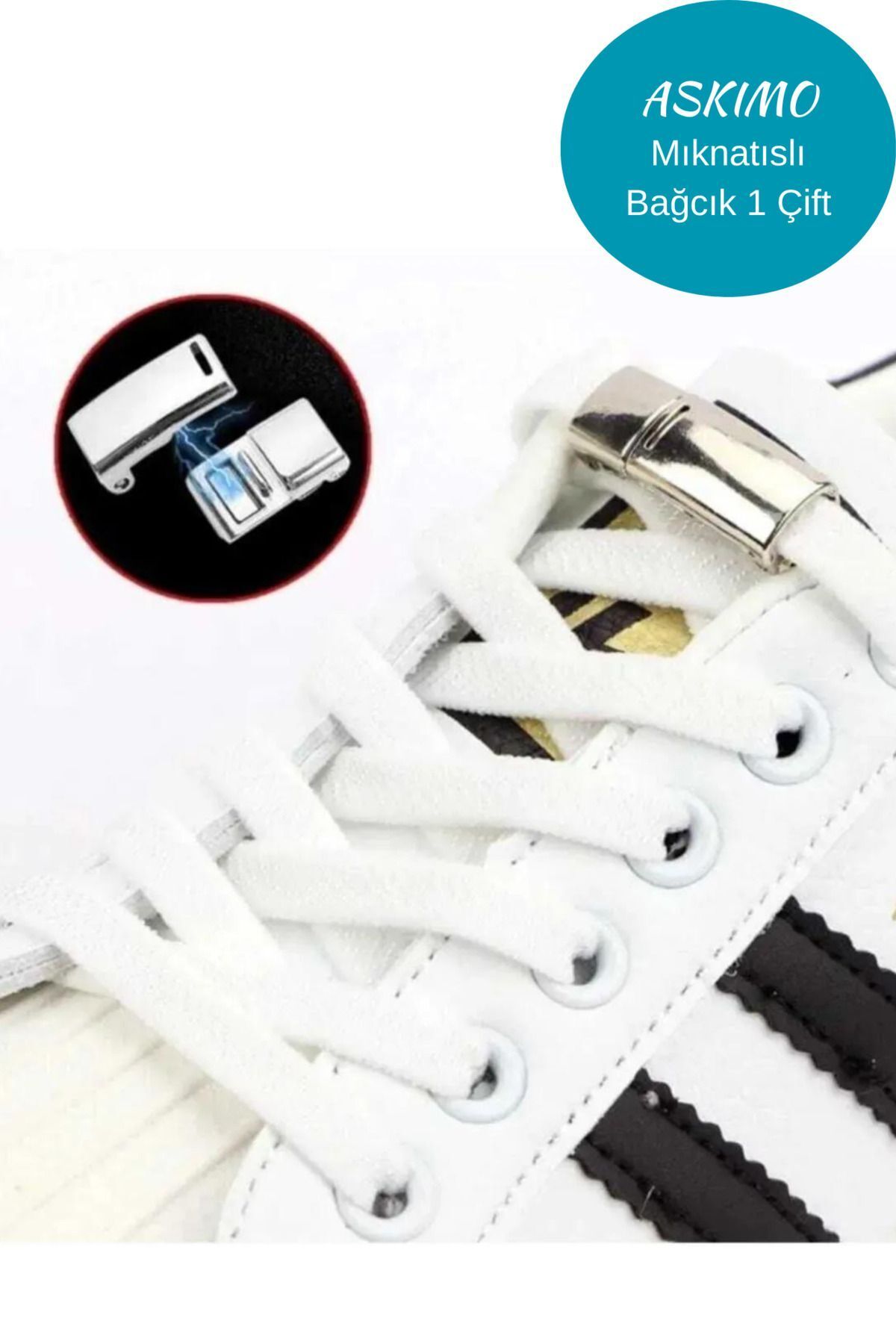 Askımo Beyaz Mıknatıslı Manyetik Lastikli Ayakkabı Bağcık Klipsli Beyaz Çocuk Spor Ayakkabı Akıllı Bağcık