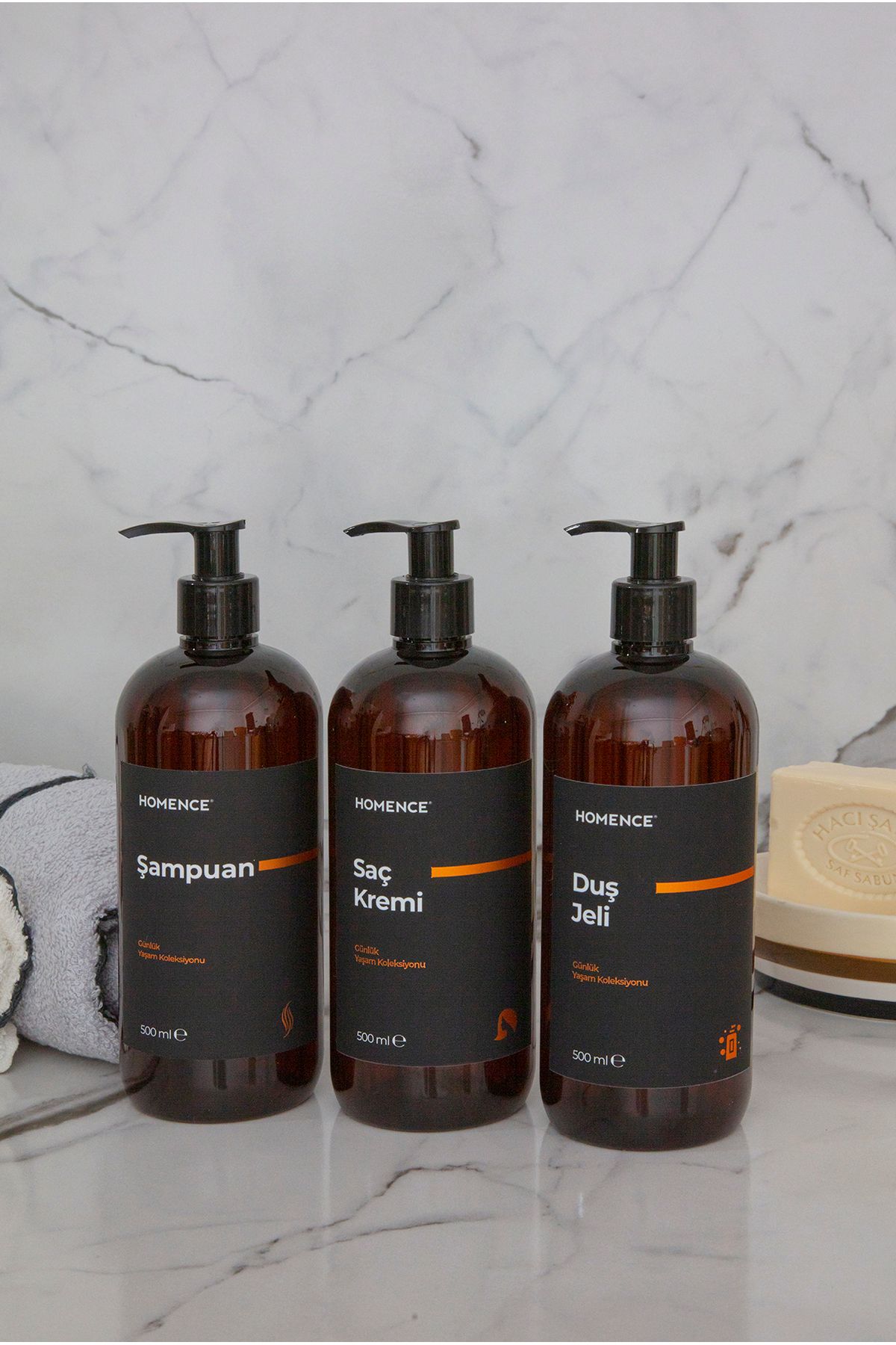 homence Şampuan Duş Jeli Saç Kremi Etiketli Pompalı Plastik Şişe Banyo Seti 3'lü Amber Sabunluk 500 ml