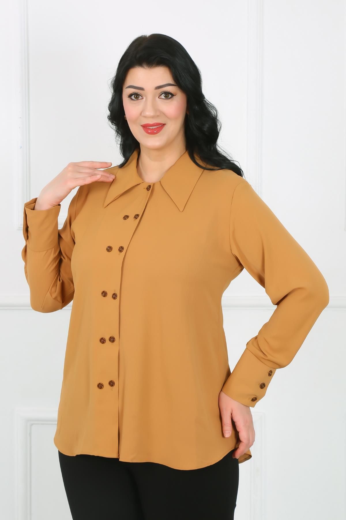 By Alba Collection Kadın Hardal Dubai Kumaş Çift Düğmeli Büyük Beden Gömlek