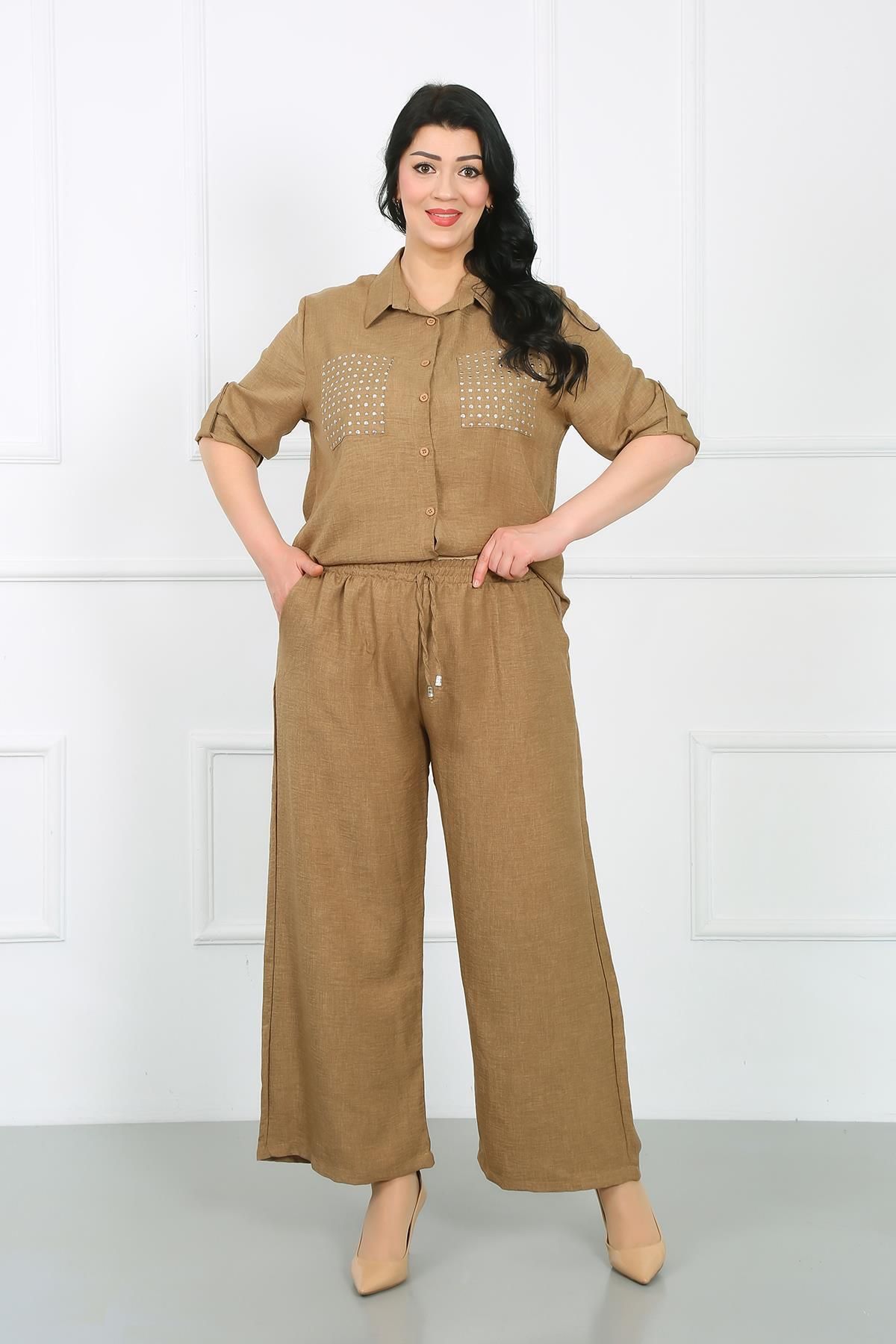 By Alba Collection Kadın Açık Kahve Beli Lastikli Soft Keten Büyük Beden Pantolon