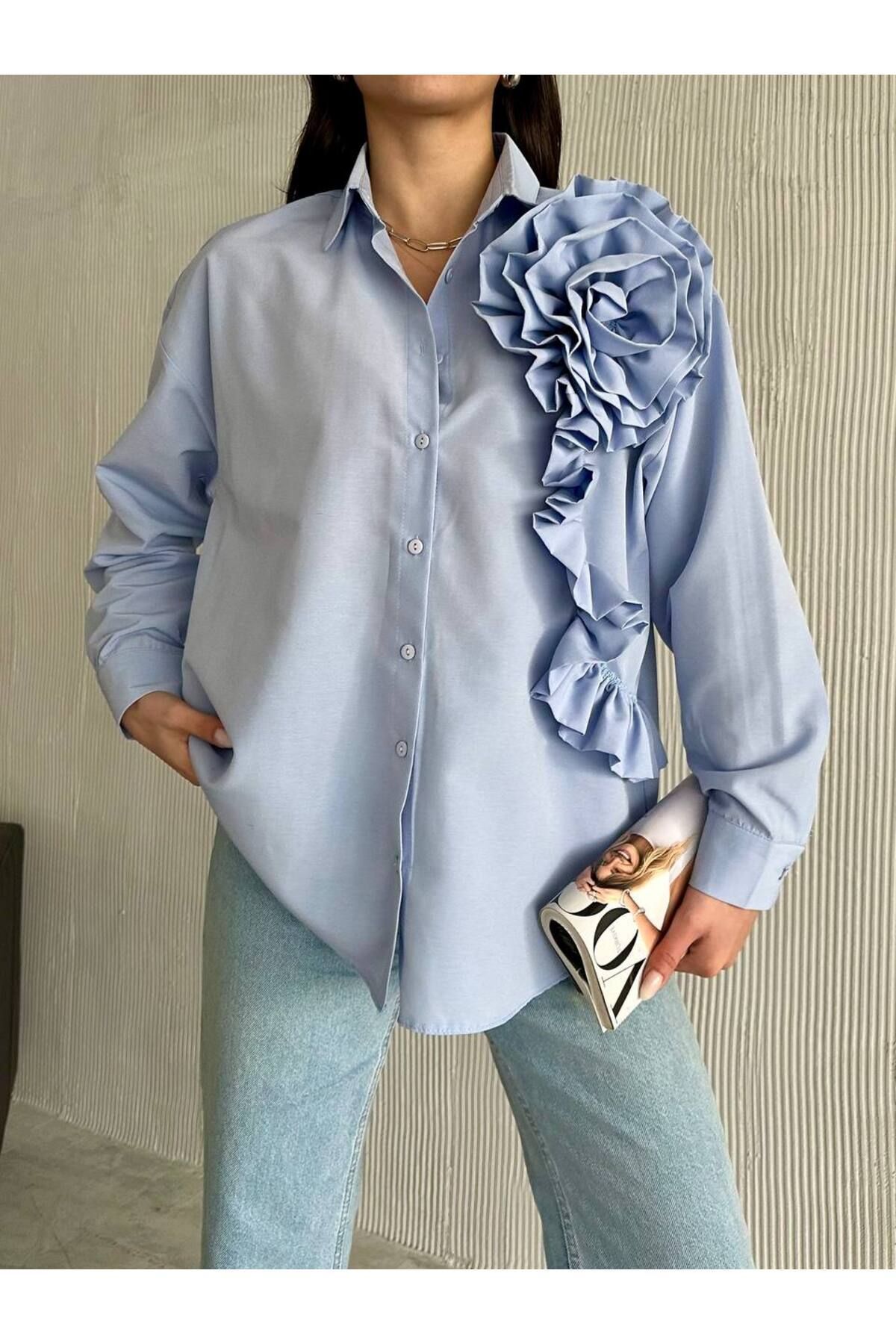 DuSiMoDa Kadın Mavi Gömlek Volanlı Çiçek Figürlü Düşük Kollu