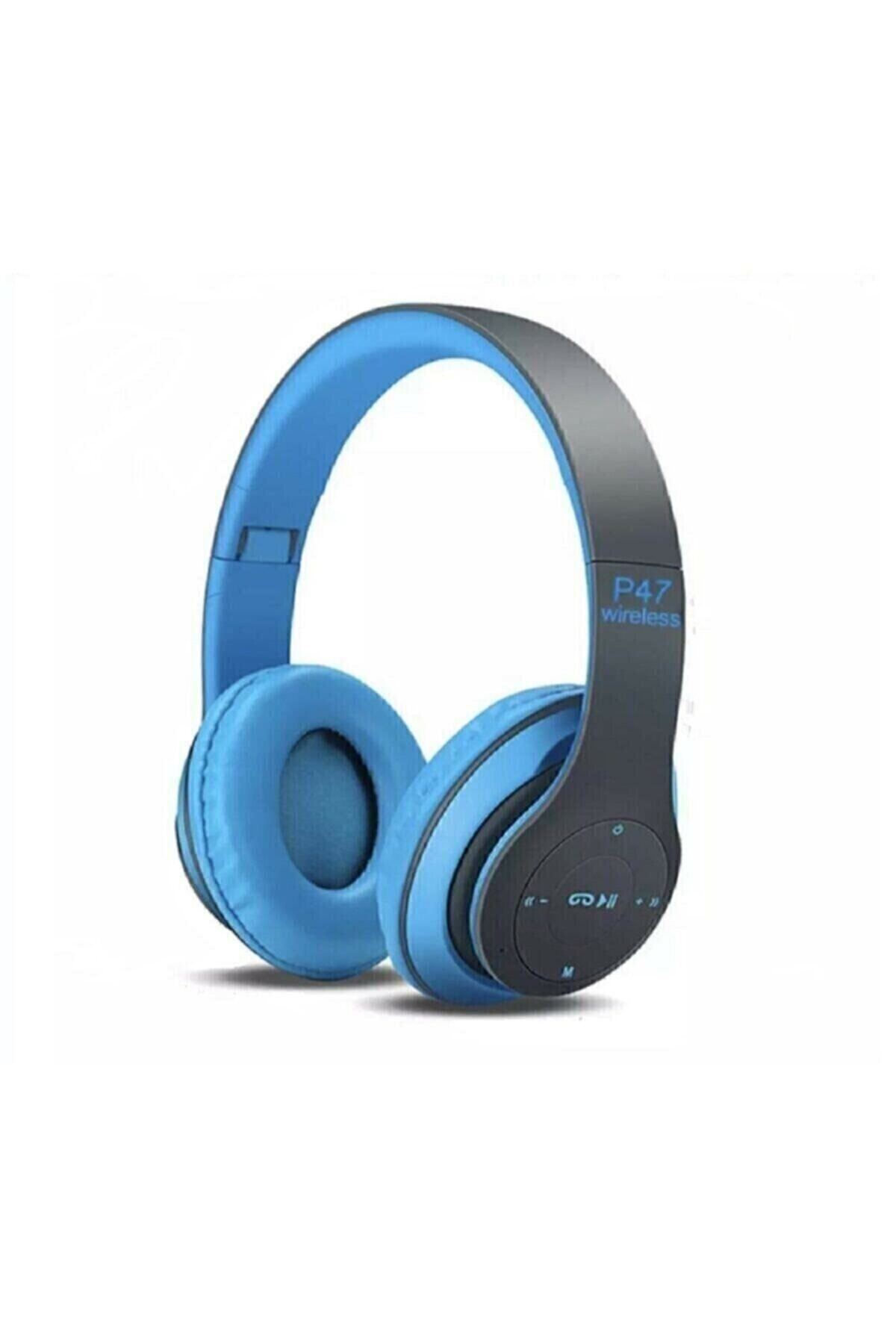 P47 Carsıbudur Wireless Bluetooth Kablosuz Extra Bass Radyolu Katlanabilir Kulaklık Genç Çocuk Mavi