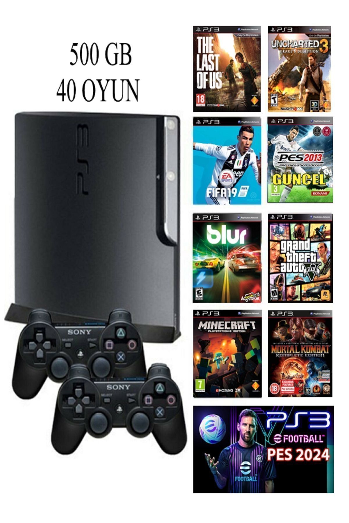 AST Playstation 3 Slim 500 Gb ( Yenilenmiş ) 2 Kablosuz Kol 40 Dijital Oyun Garantili Ürün