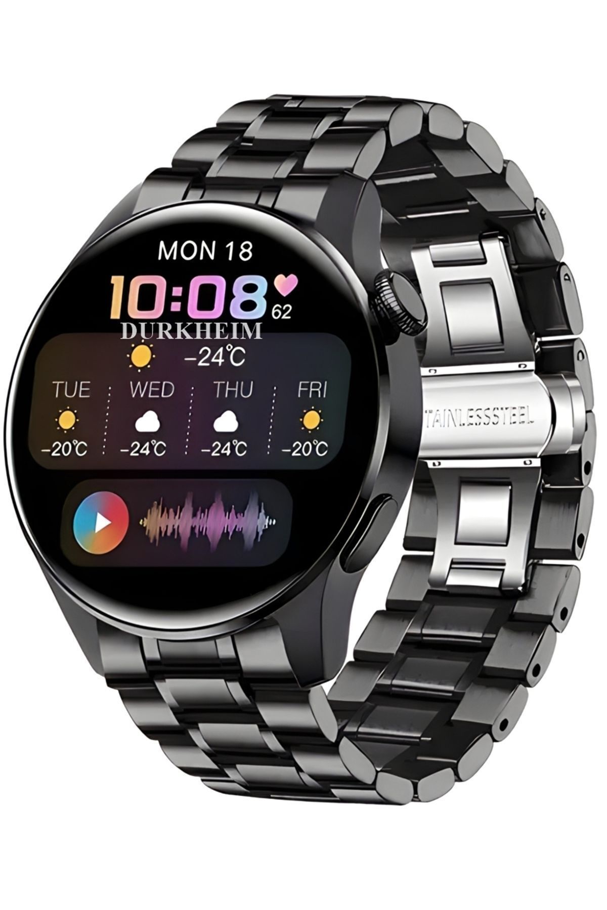 DURKHEİM Sport Akıllı Saat Yuvarlak Kasa Çelik Kordonlu Smart Watch Apple ve Android Uyumlu