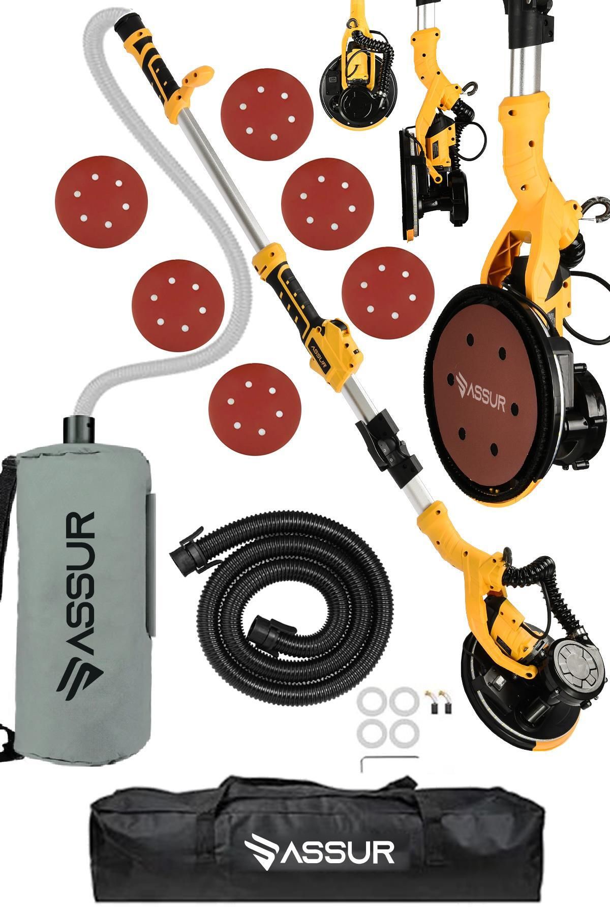 ASSUR 360'Ledli 850W Pro Alçıpan Duvar Zımpara Makinası Toz Emmeli Sarı