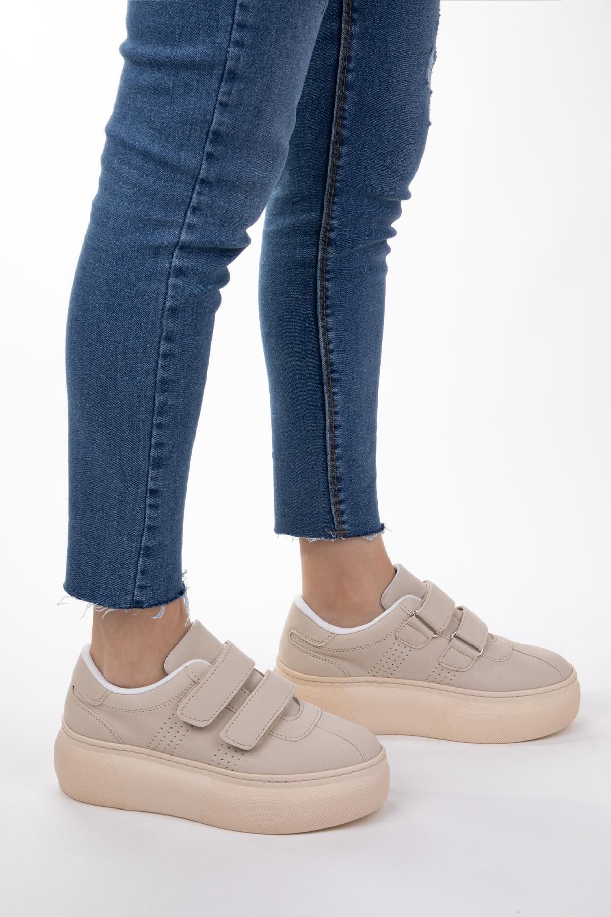 NAVYSIDE Kadın Bej Cilt Deri Cırt Cırtlı Sneaker Spor Ayakkabı Yürüyüş Ayakkabısı Yüksek Tabanlı Bantlı