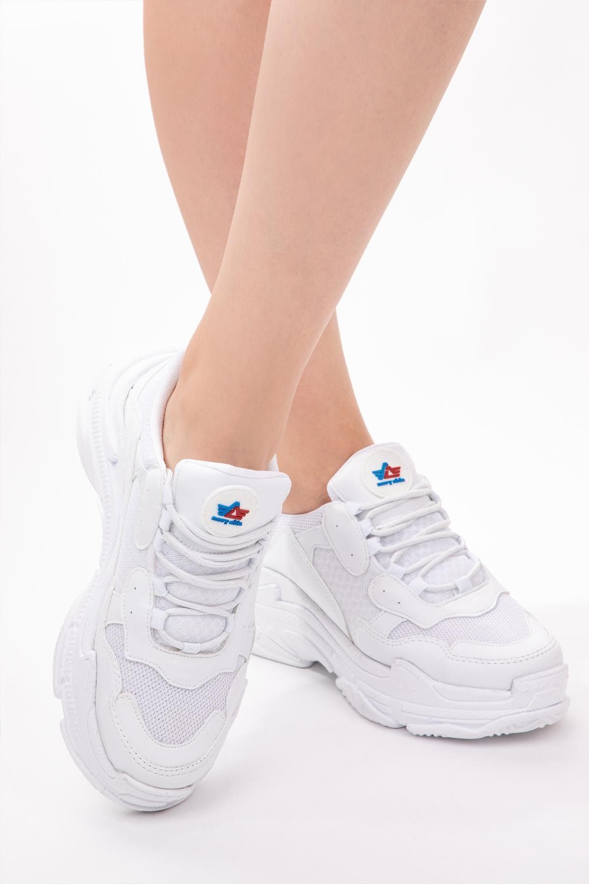NAVYSIDE Kadın Sneaker Spor Ayakkabı Memory Hafıza Yüksek Tabanlı Yürüyüş Ayakkabısı Dar Kalıp Beyaz Siyah