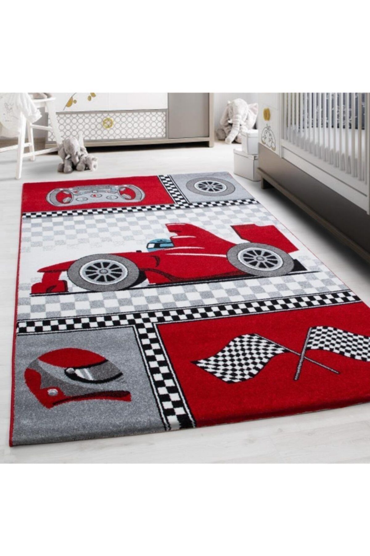 Genel Markalar Yarış Araba Desenli Kırmızı Beyaz Çocuk Halısı - Dayanıklı Ve Eğlenceli