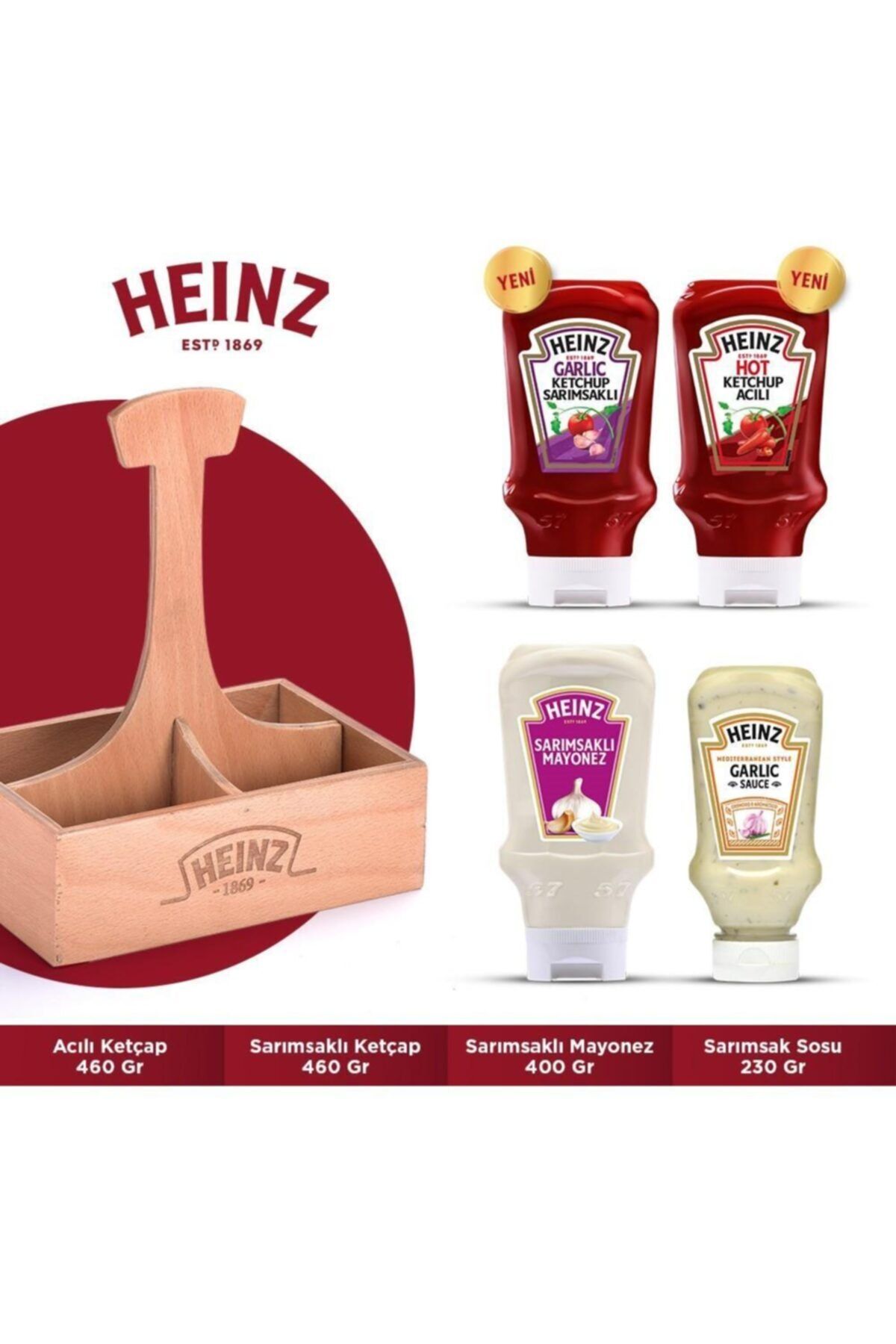 Heinz Ahşap Sos Paketi  Yeni Acılı Ketçap 460 gr  Yeni Sarımsaklı Ketçap 460 gr  Sarımsaklı