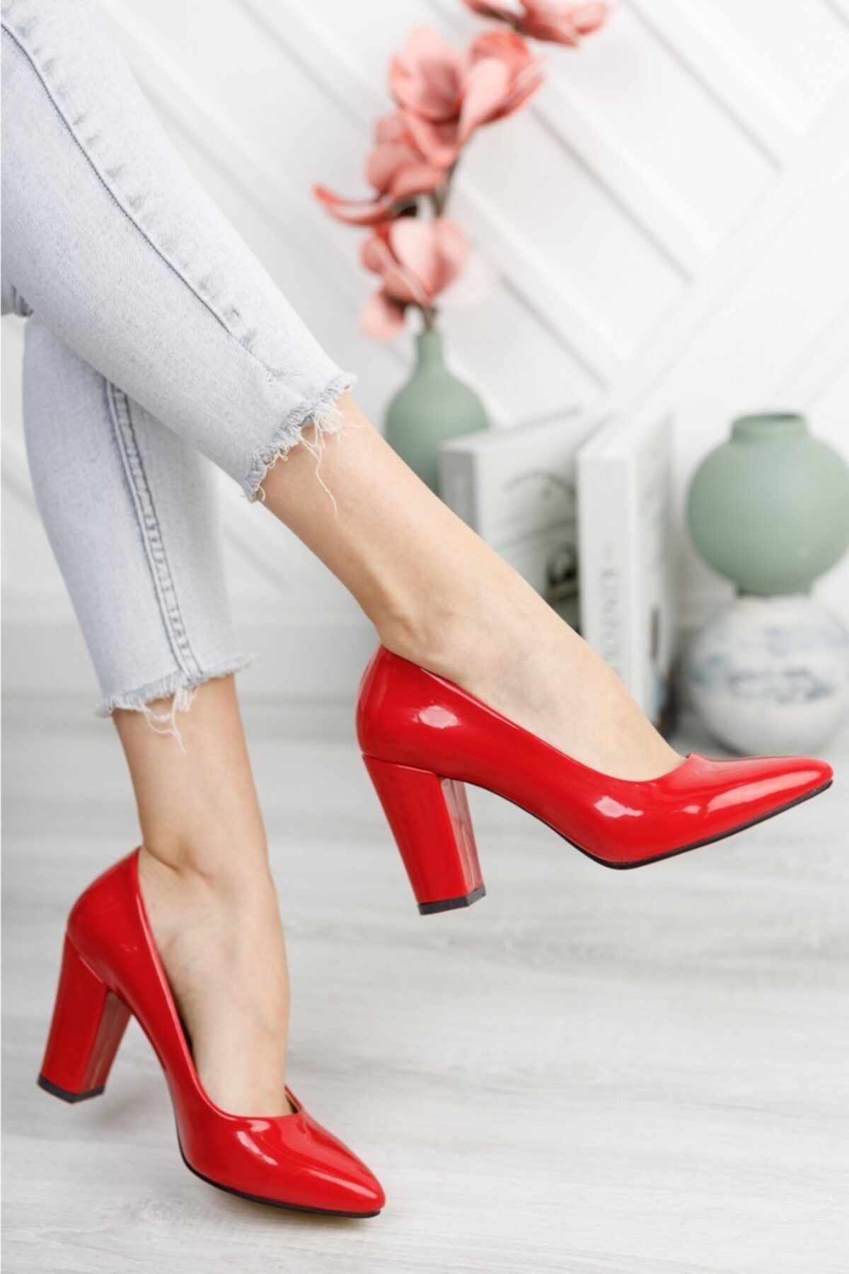 Nirvana ayakkabı Kadın Kırmızı Rugan Yüksek Kalın Topuklu Ayakkabı