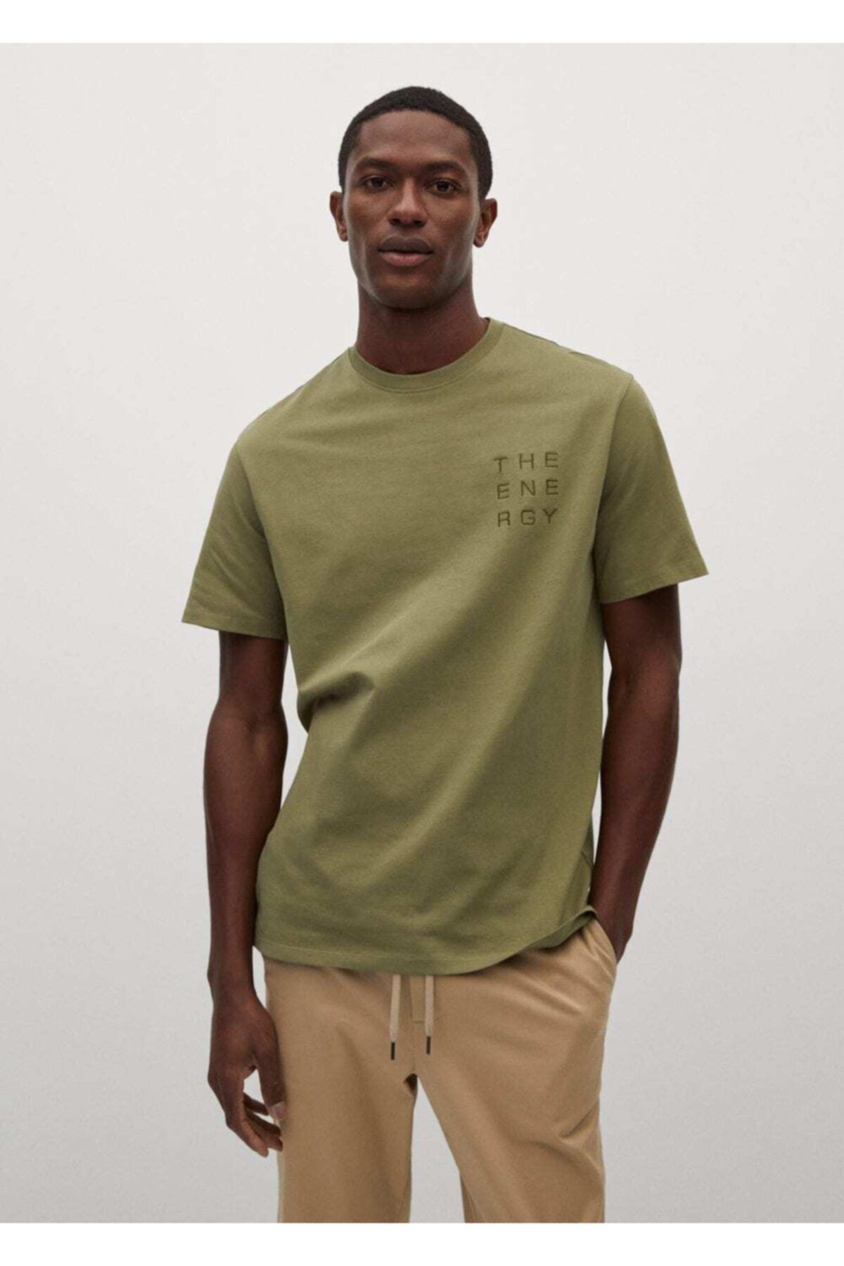 MANGO Man Erkek Haki Renk Yazı Işlemeli Pamuklu Tişört