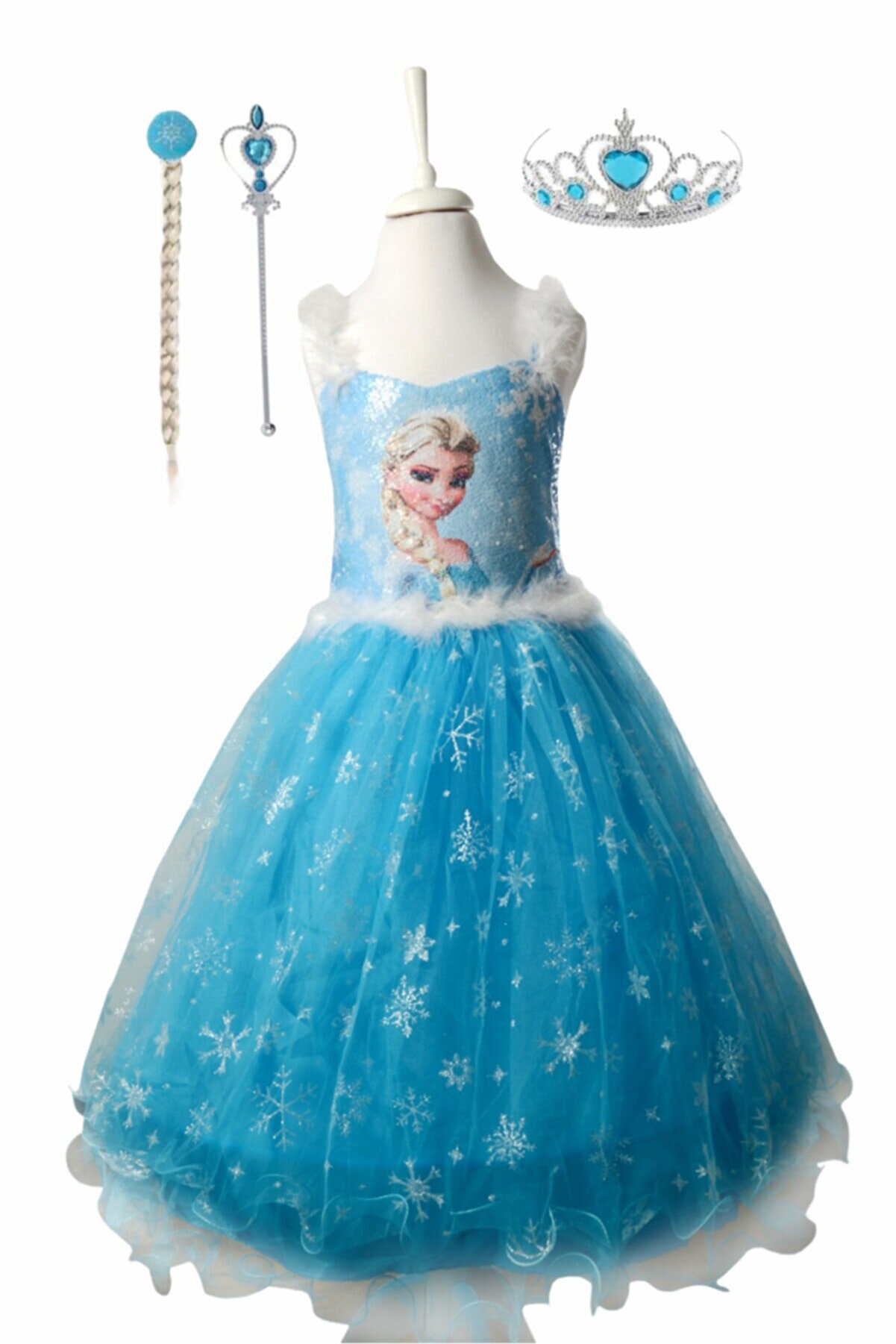 BAL BEBE Kız Çocuk Tarlatanlı Mavi Elsa Frozen Elbise - Taç Asa Saç