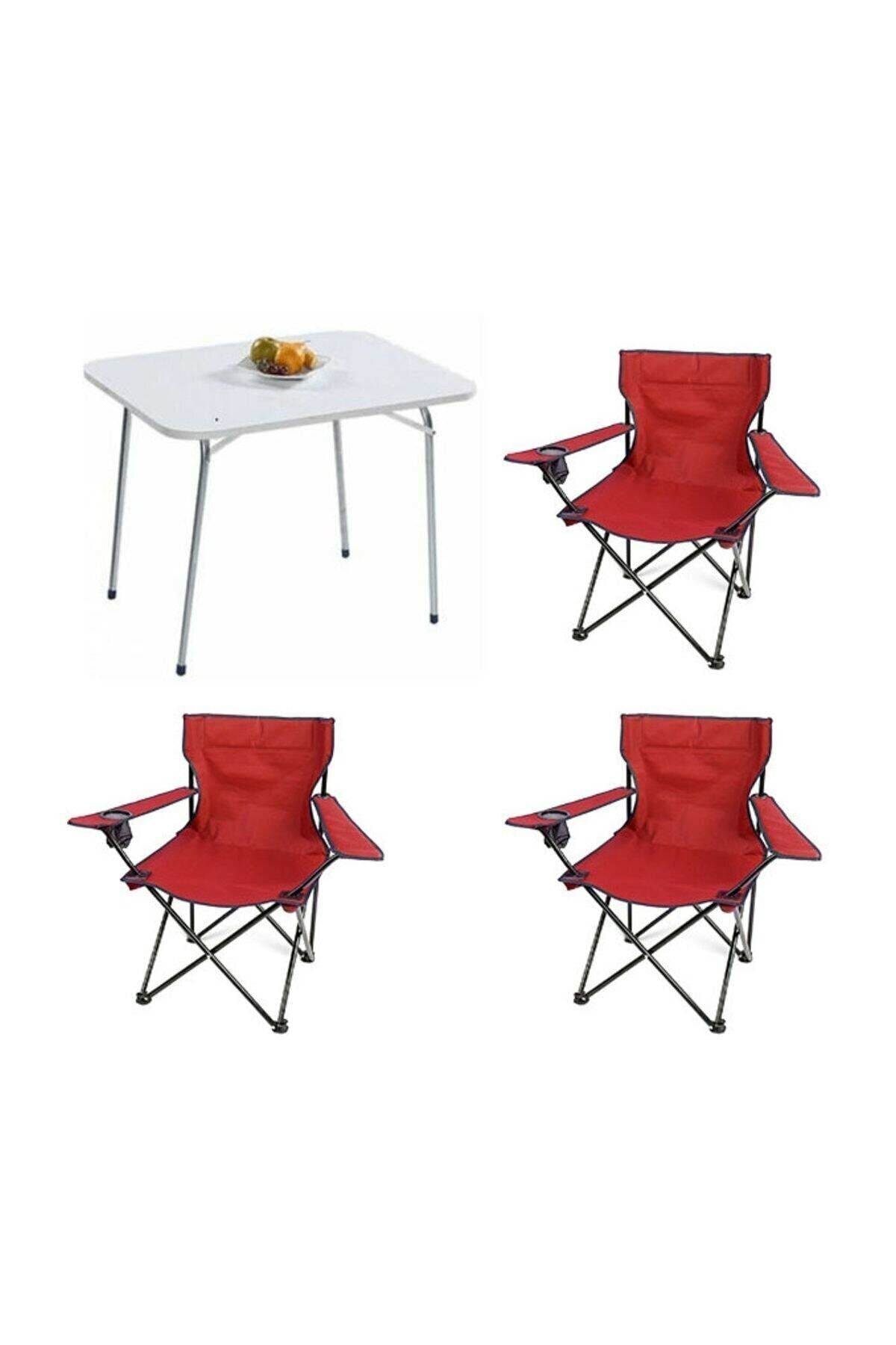 Mocca Style 60x80 Katlanır Beyaz Masa+ 3 Adet Kırmızı Rejisör, Sandalye Piknik Plaj Sandalyesi