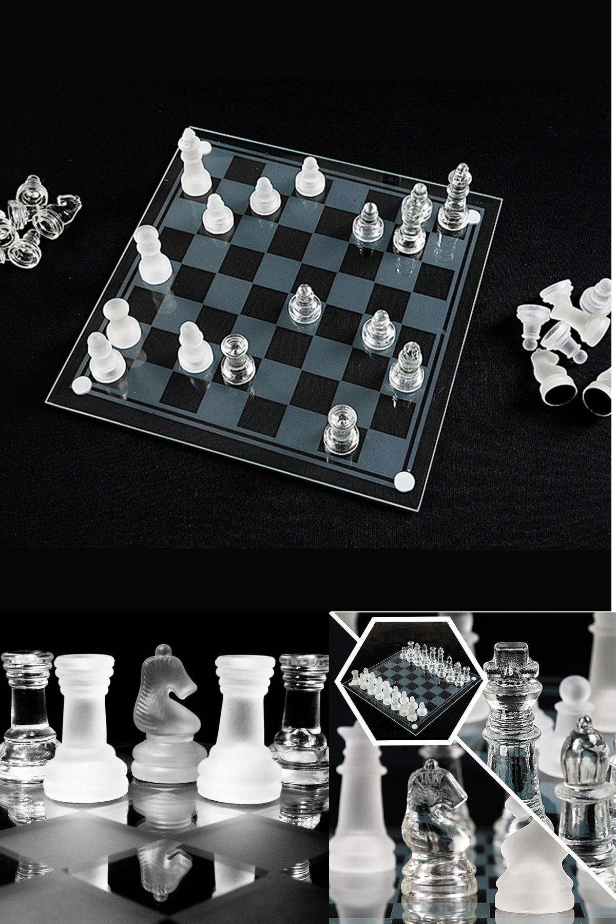 esmelen Büyük Boy 35x35 Boyutlarında Tamamı Camdan Oluşan Glass Chess Cam Satranç Takımı Dekoratif Satranç