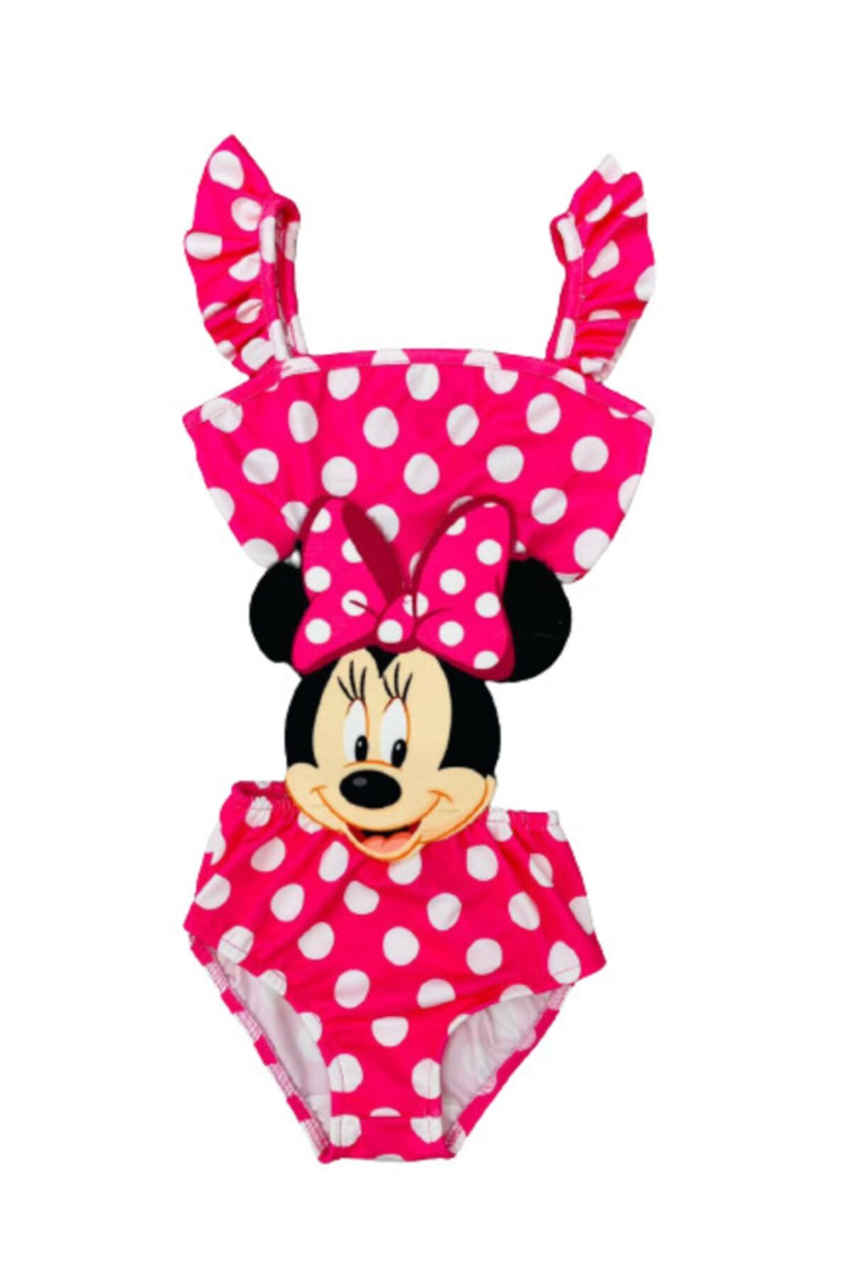 Lolliboomkids Kız Çocuk Mayokini Puantiye Kurdela Mickey Temalı Pembe Renk Kol Fırfırlı Kostüm Mayo