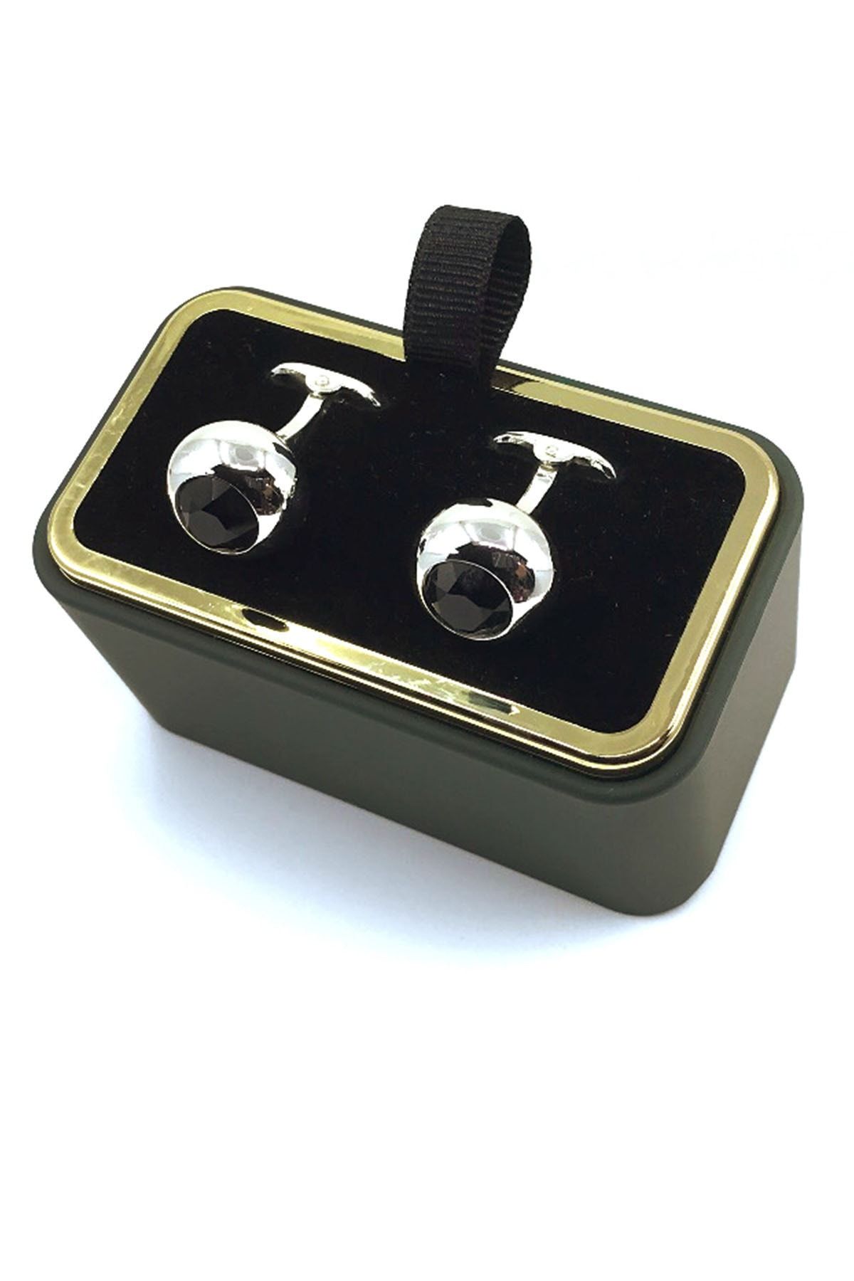 Kravatkolik Gümüş Siyah Taşlı Yuvarlak Kol Düğmesi Kd1270