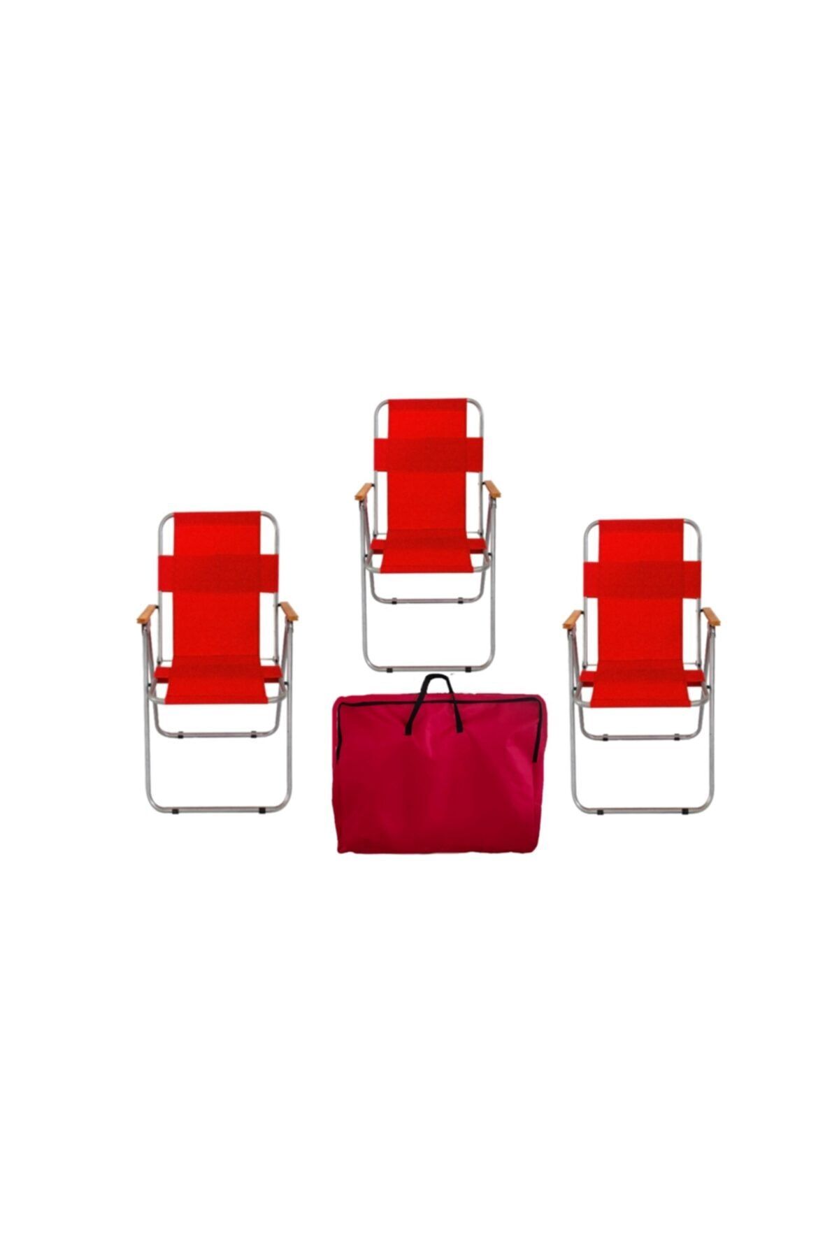 İbay Metal 3 Kırmızı Ahşap Kollu Bahçe Piknik Plaj Sandalyesi Kırmızı Çantalı