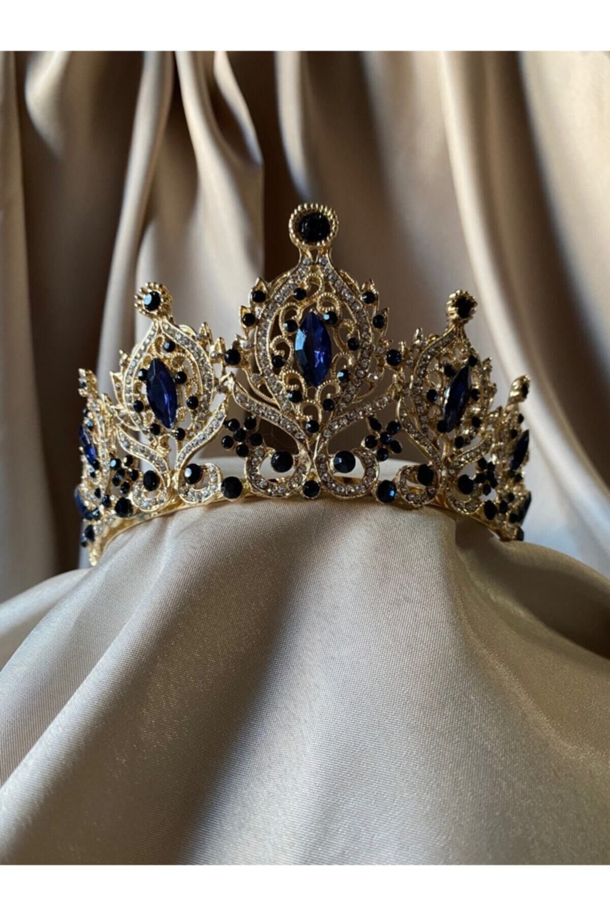 Hedef Bijuteri Özel Tasarım Lacivert Kristal Taşlı Kraliçe Model Gelin Saç Tacı