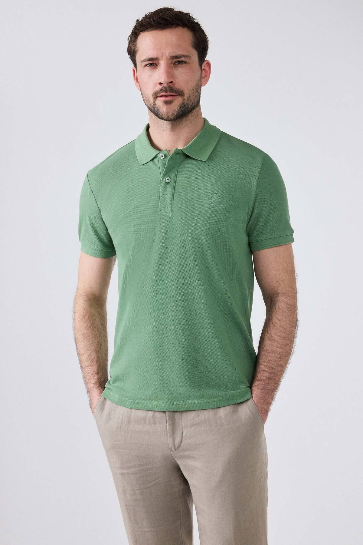 D'S Damat Ds Damat Regular Fit Açık Yeşil %100 Pamuk Polo Yaka Nakışlı T-Shirt