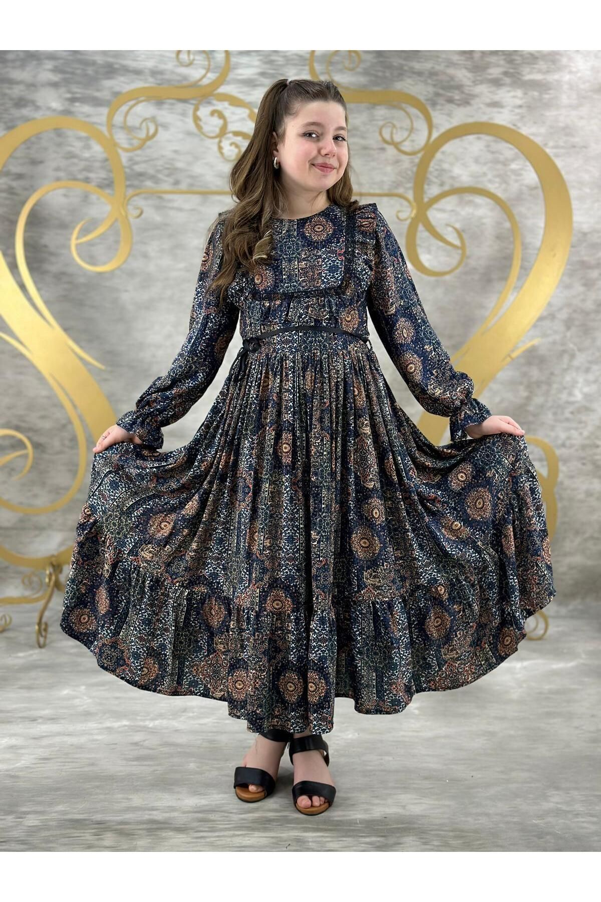 Pumpido Kız Çocuk %100 Viskon Pamuklu Etnik Desenli Günlük Bayramlık Elbise
