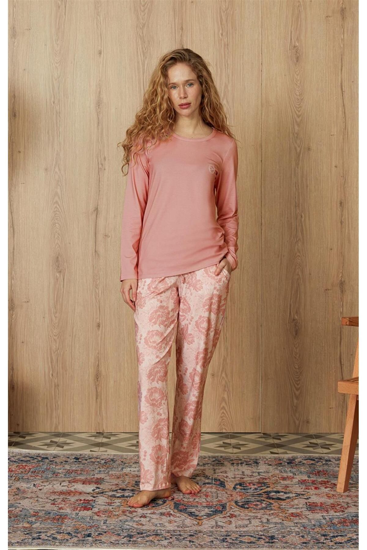 Doreanse Kadın Çiçek Desenli Somon Renk T-shirt Pijama Takımı 4124