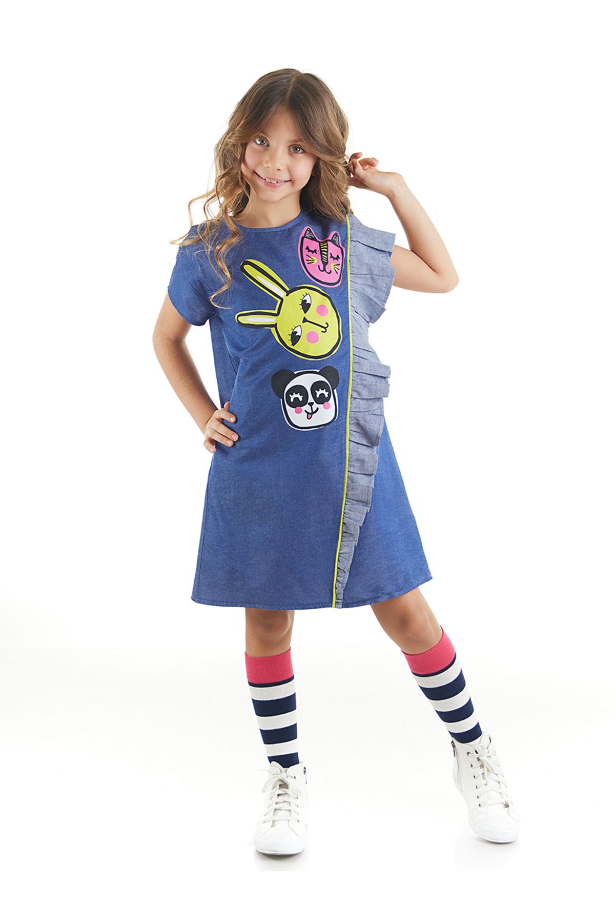 MSHB&G Üç Arkadaş Dokuma Kız Çocuk Mavi Yazlık Elbise