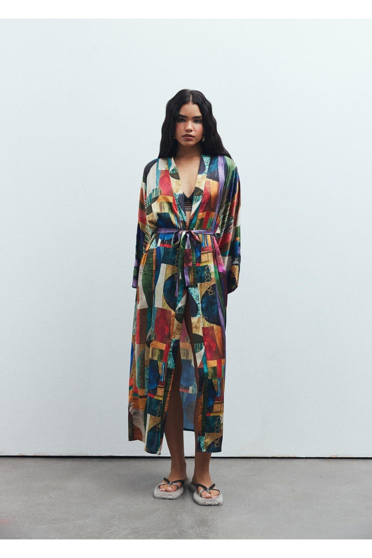Feu De Elu Frappant Saten Coloré Desenli Uzun Sabahlık / Kimono