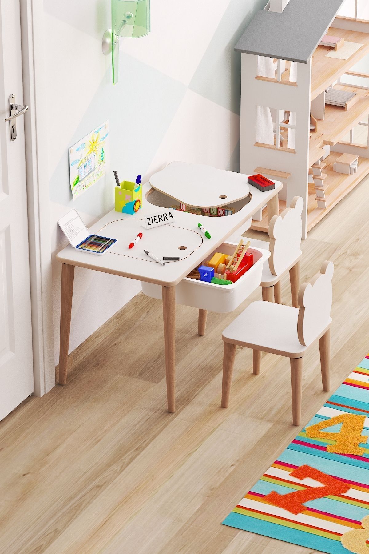 ZİERRA Montessori Çocuk Masası-oyun Masası-aktivite Masası-etkinlik Masası Takımı 2 Panda Sandalye