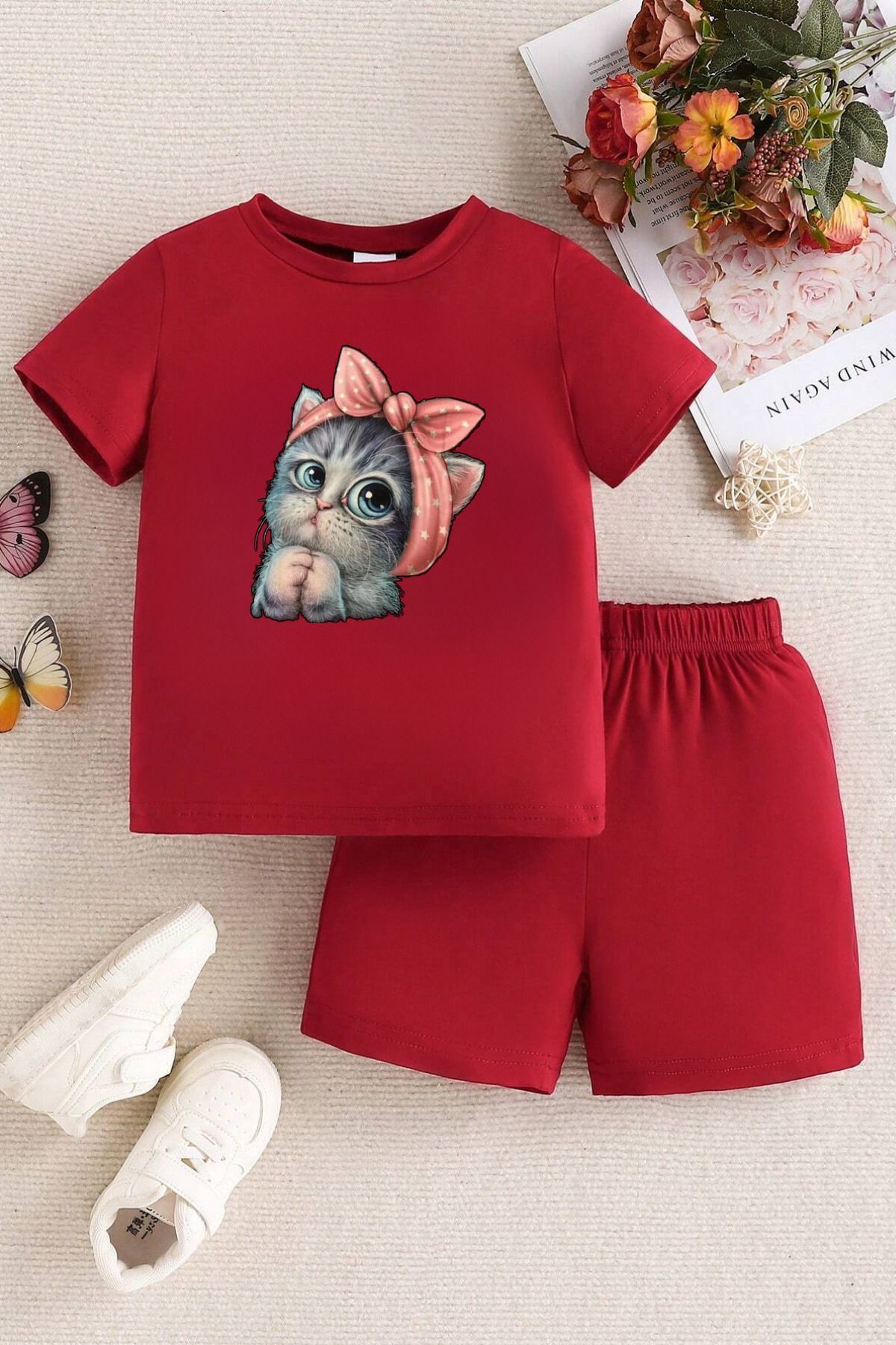 DUBU BUTİK Minik Kedi Baskılı Kırmızı Çocuk Şort T-shirt Takım - Kız Erkek Çocuk Yazlık Bisiklet Yaka