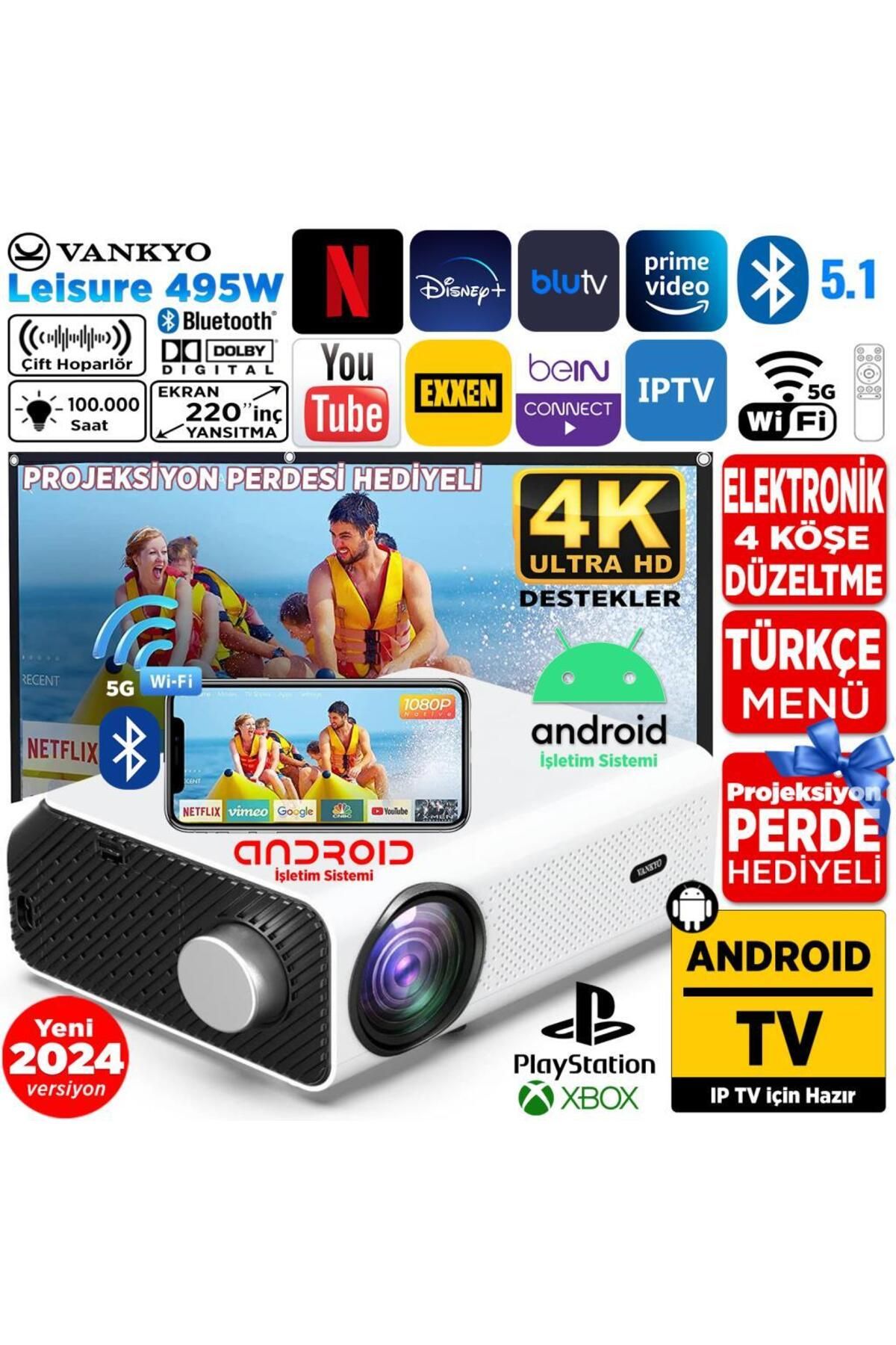Vankyo Leisure 495W Android 4K Destekli 5g Wi-Fi + Bluetooth LCD LED Projeksiyon Cihazı