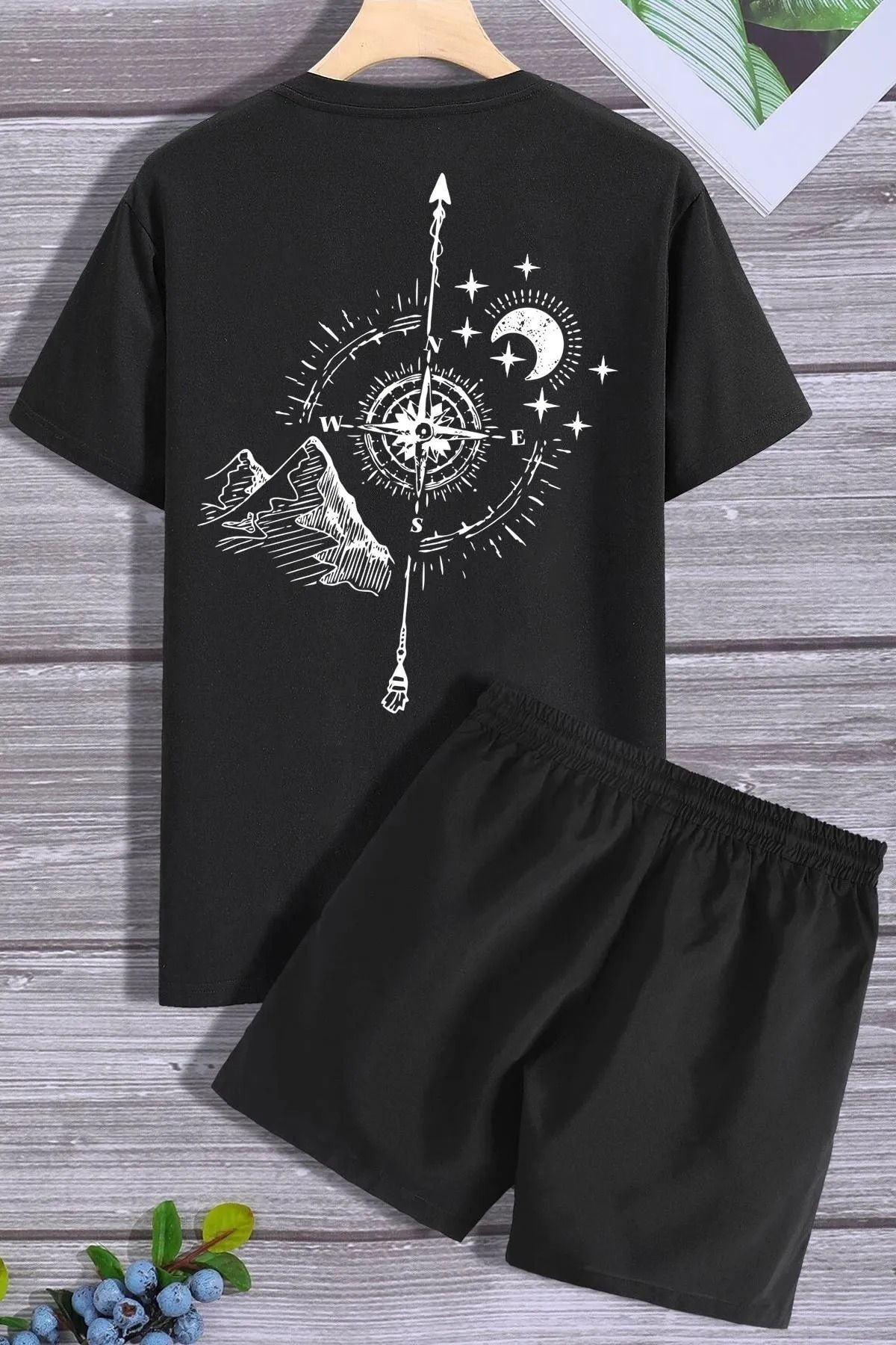 EFFRENATU Unisex Siyah Oversize  Bisiklet Yaka Alt Üst T-shirt Şortlu ikili Takım