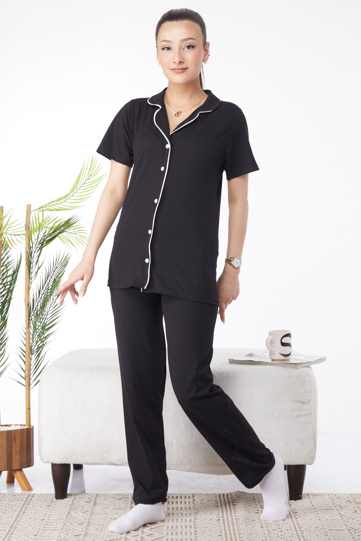 TOFİSA Düz Gömlek Yaka Kadın Siyah Süprem Uzun Kollu Pijama Takımı - 24596