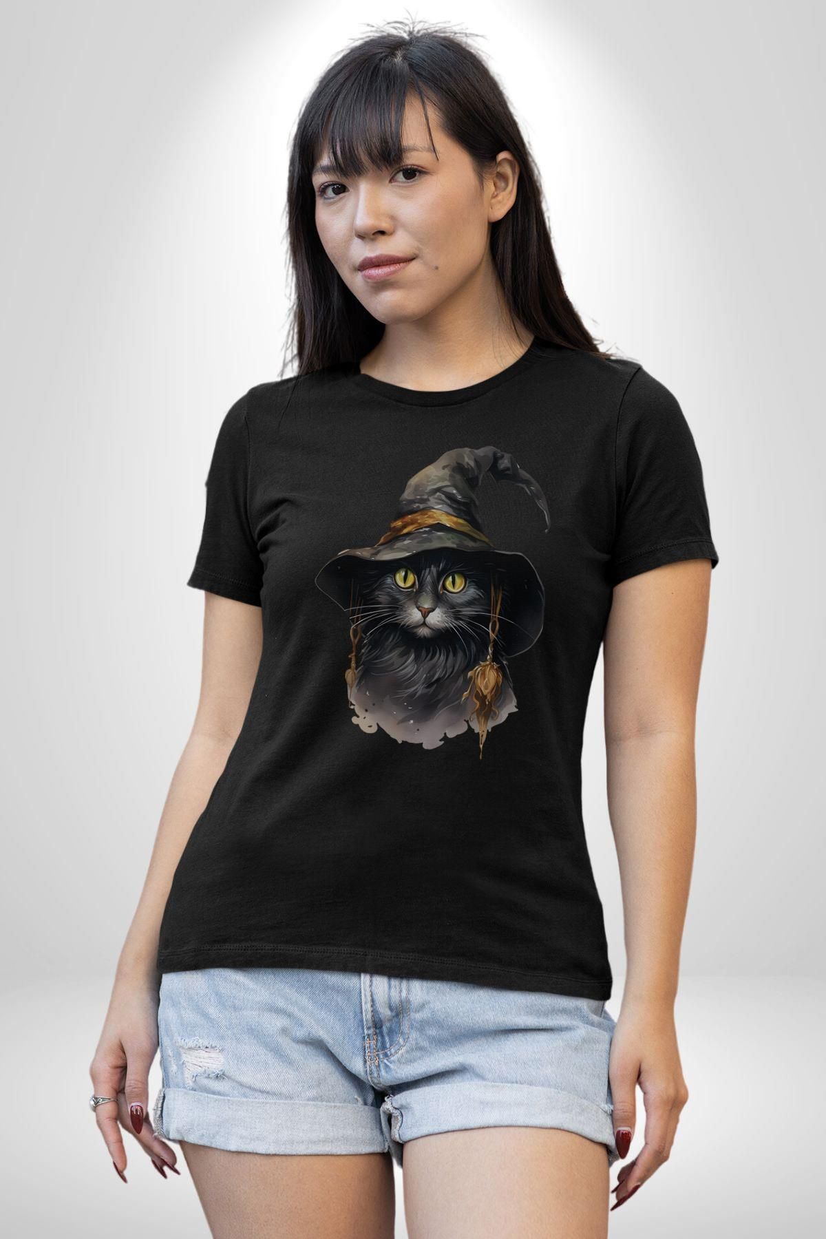 Angemiel Cadı Şapkalı Kedi Siyah Kadın Erkek Unisex Siyah Organik Baskılı T-Shirt Penye Yüksek Kalite