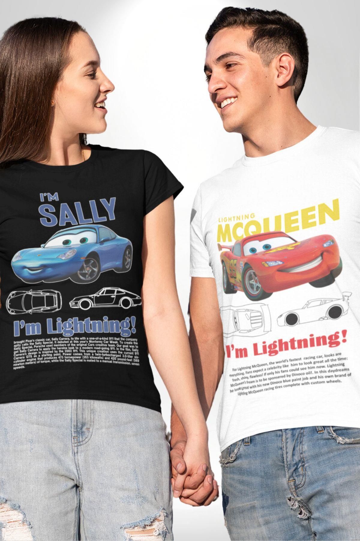 Angemiel Sally & Mcqueen Cars Sevgili Çift Kombini Oversize Siyah Tshirt Kadın (ÖN-TEK ÜRÜN)