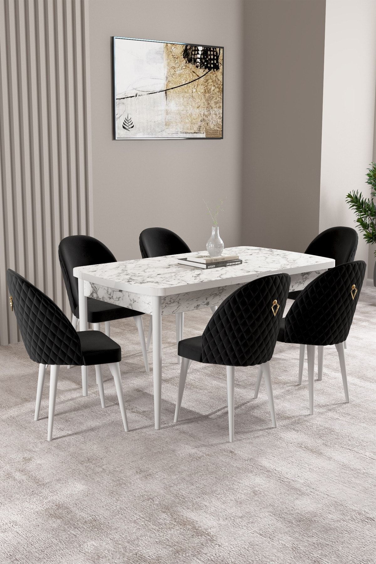 hoopsii Milas Beyaz Mermer Desen 80x132 Mdf Açılabilir Mutfak Masası Takımı 6 Adet Sandalye
