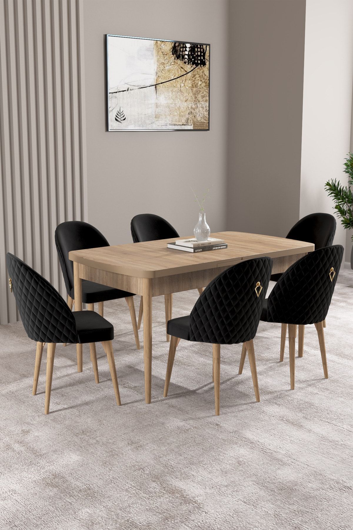 hoopsii Milas Meşe Desen 80x132 Mdf Açılabilir Mutfak Masası Takımı 6 Adet Sandalye