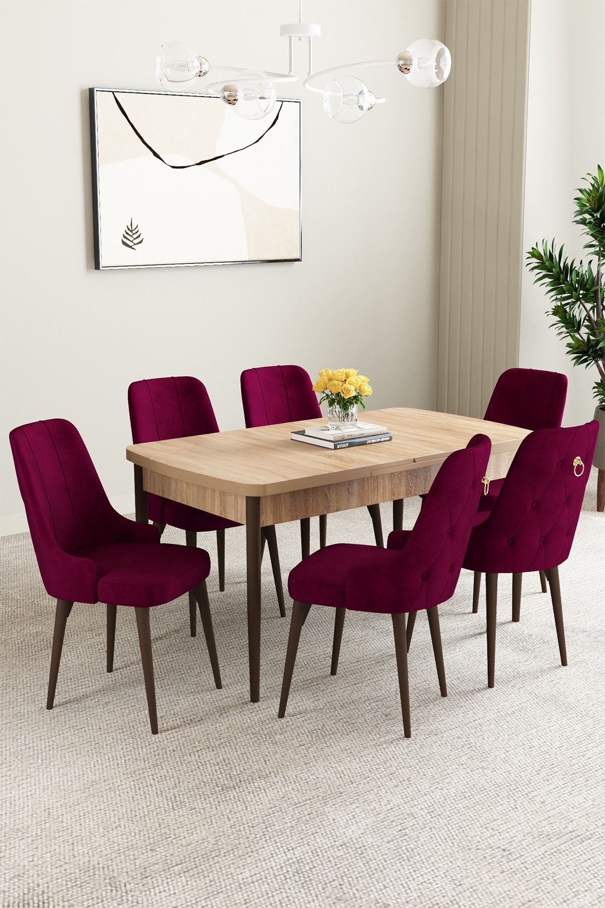 hoopsii Clara Meşe Desen 80x132 Açılabilir Mutfak Masası Takımı 6 Adet Sandalye