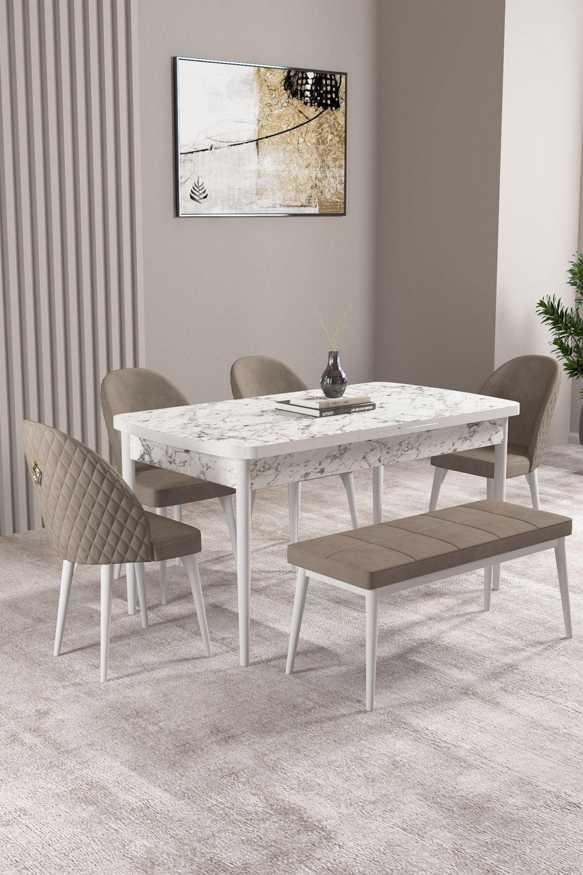 hoopsii Milas Beyaz Mermer Desen 80x132 Mdf Açılabilir Yemek Masası Takımı 4 Sandalye, 1 Bench