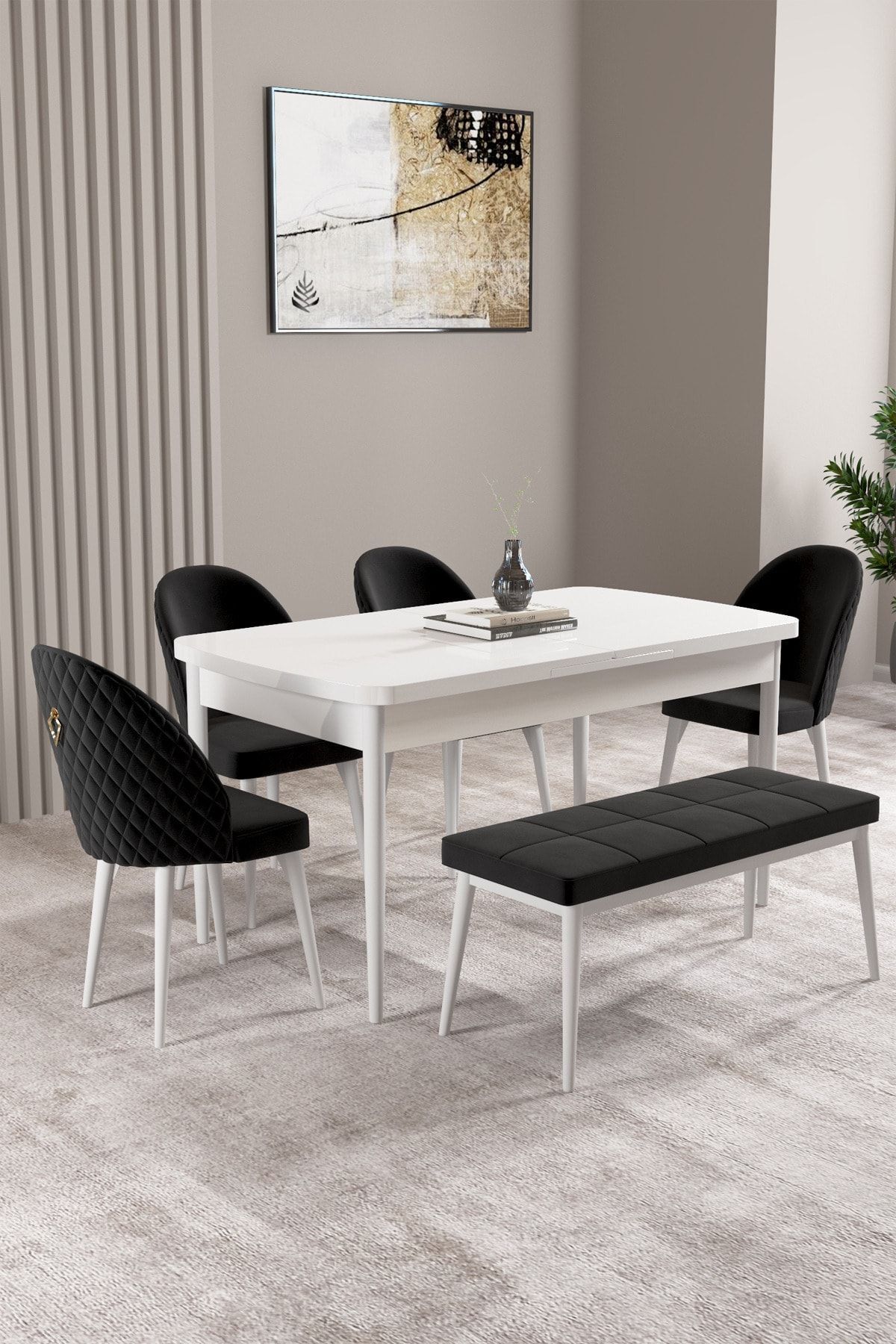 hoopsii Milas Beyaz 80x132 Mdf Açılabilir Mutfak Masası Takımı 4 Sandalye, 1 Bench