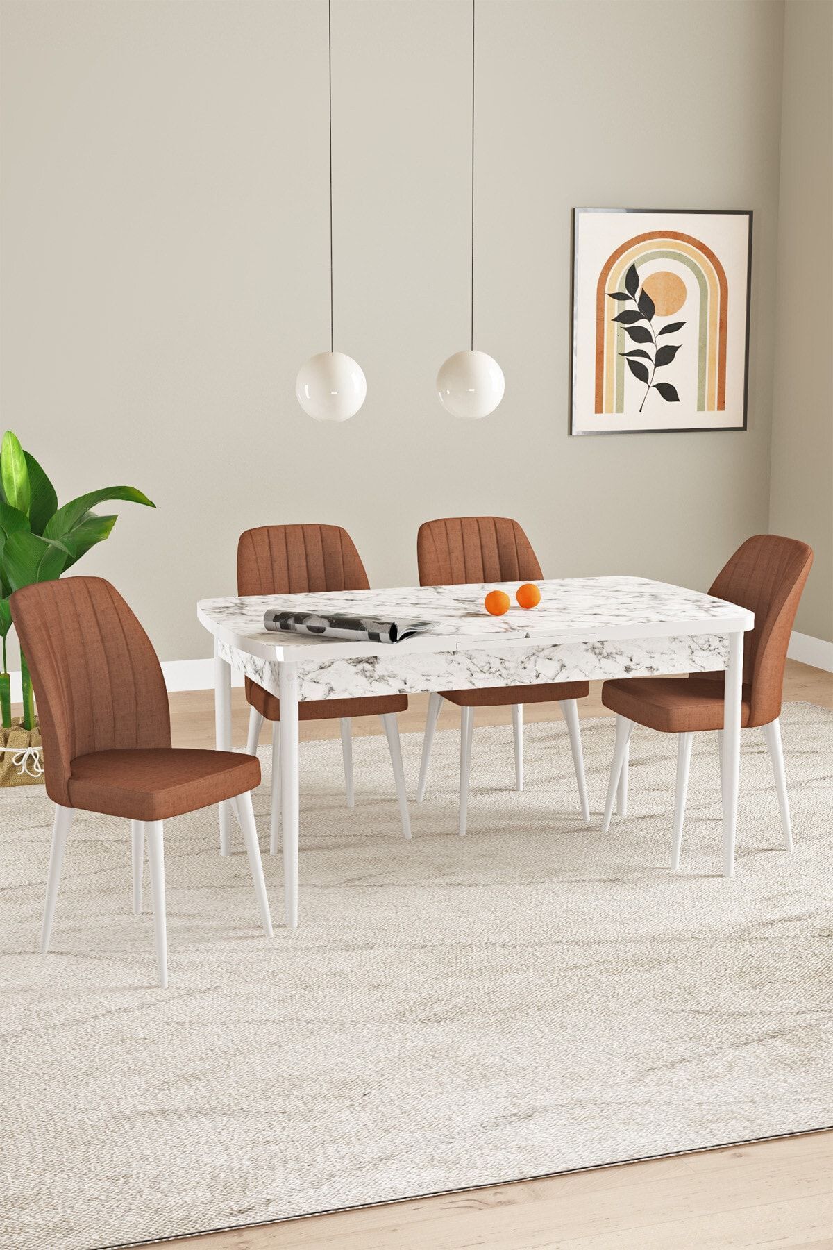hoopsii Elis Beyaz Mermer Desen 80x132 Açılabilir Yemek Odası Takımı 4 Adet Sandalye