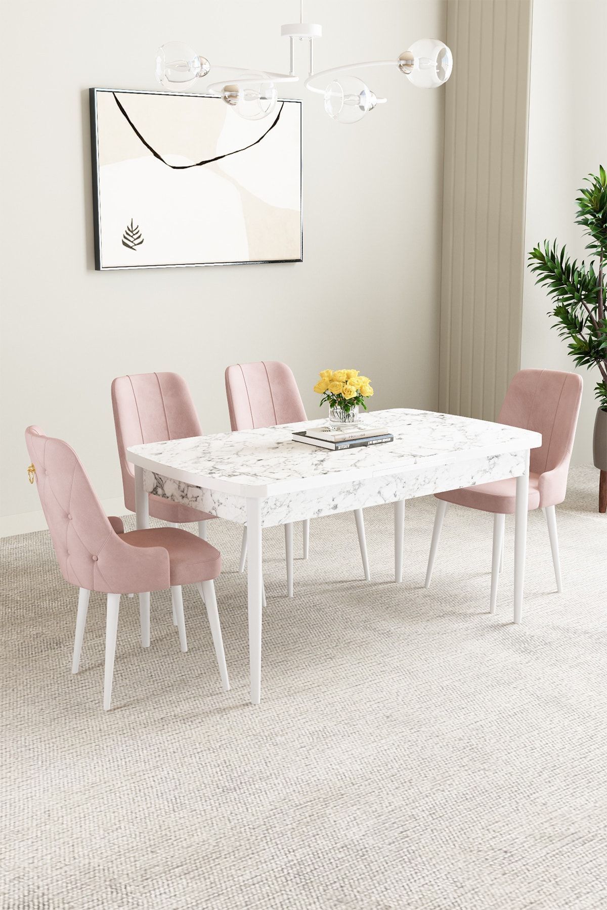 hoopsii Clara Beyaz Mermer Desen 80x132 Açılabilir Mutfak Masası Takımı 4 Adet Sandalye